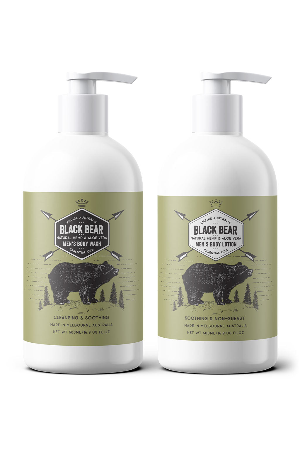 Image of Black Bear Men's Hemp & Aloe Vera body wash 500ml bottle & body lotion 500ml bottle.