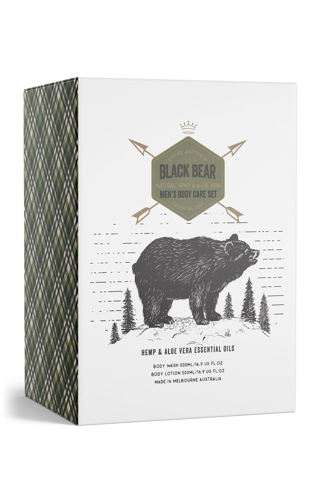 Image of Black Bear Men's Hemp & Aloe Vera Body Care Gift Set: a beautiful white and green box with gold foil accents and the image of a bear amongst trees on the front cover. 