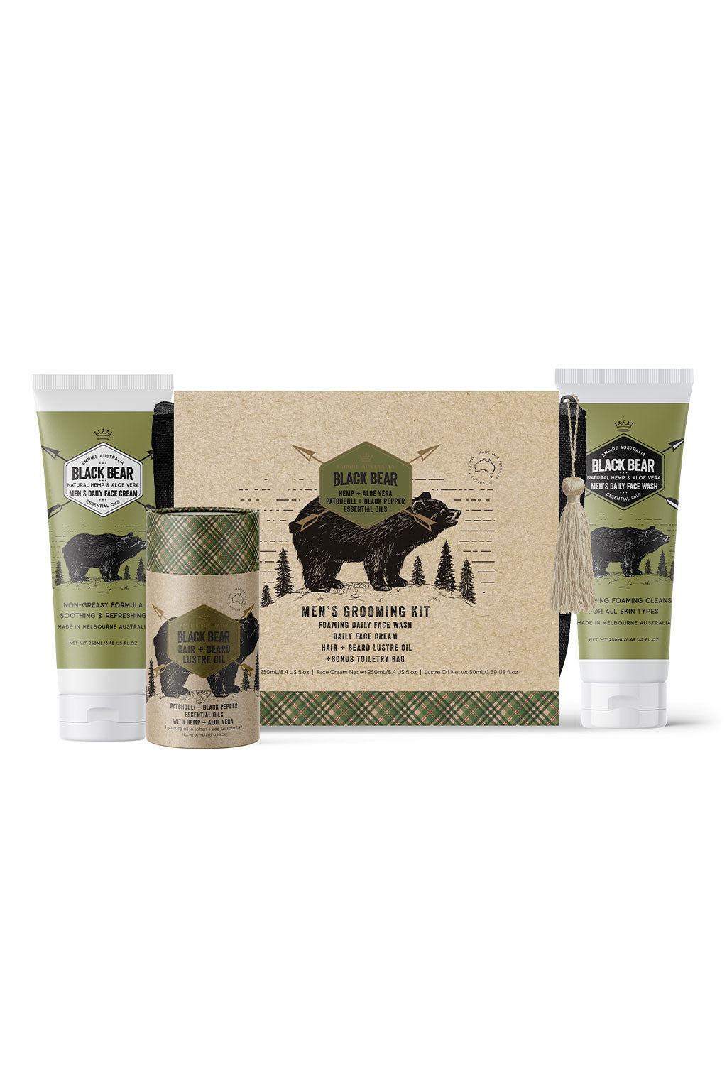 Image of Black Bear Men's Hemp & Aloe VeraGrooming Gift Set: a dark coloured toiletry bag, a tube of face wash, a tube of face cream and a container of hair & beard lustre oil