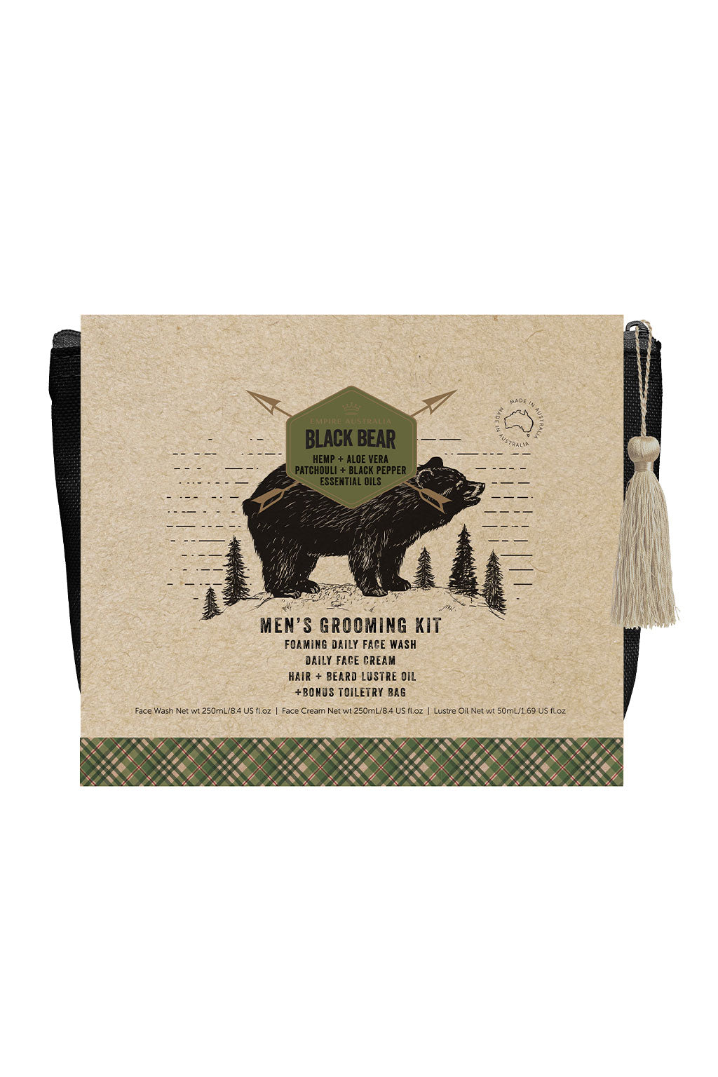 Image of Black Bear Men's Hemp & Aloe Vera Grooming Gift Set: a beautiful beige and green packaging with gold foil accents and the image of a bear amongst trees on the front cover. Inside the packaging is a dark coloured toiletry bag