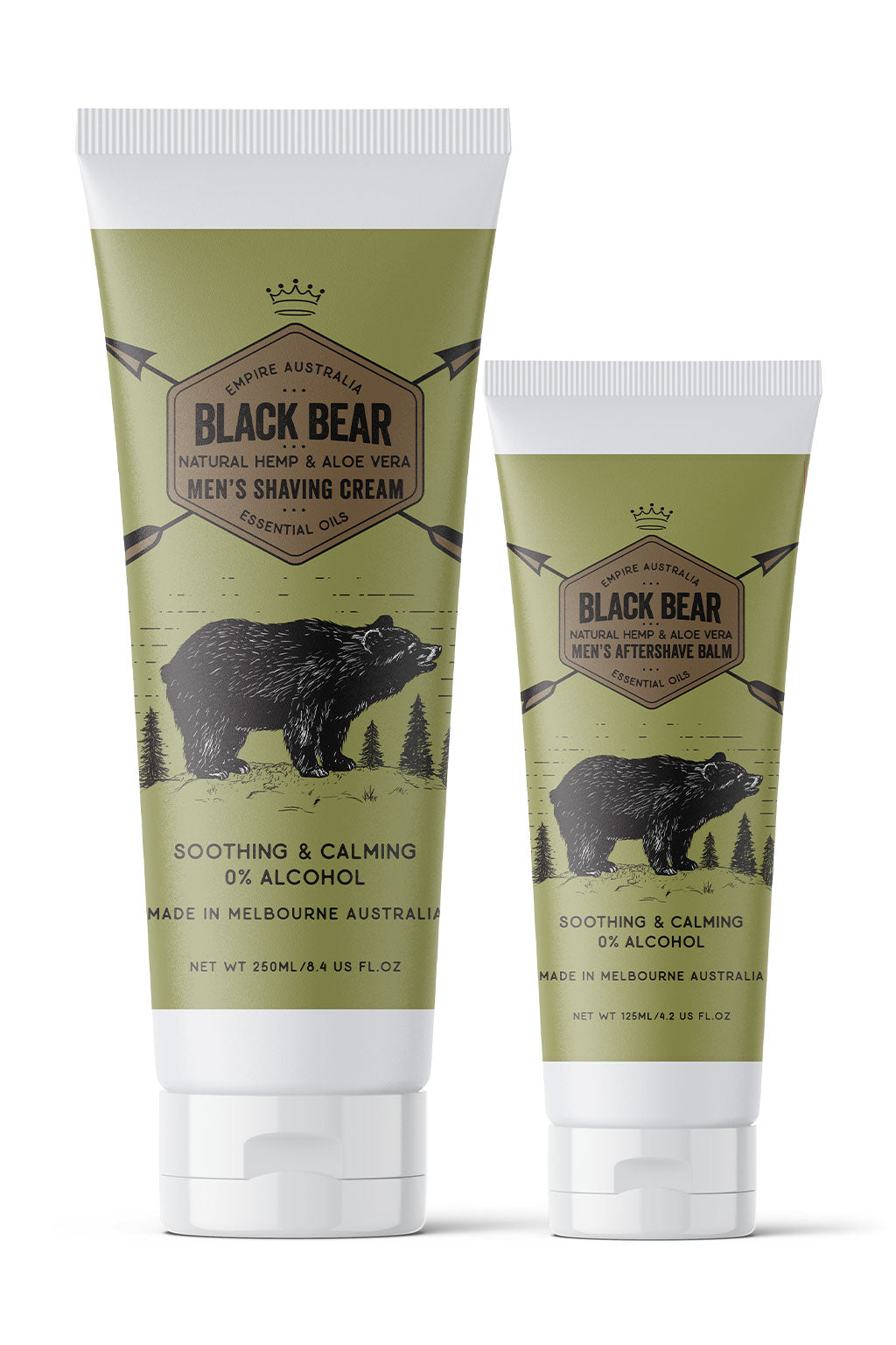 Image of Black Bear Men's Hemp & Aloe Vera Grooming Gift Set: a tube of shaving cream and a tube of aftershave balm