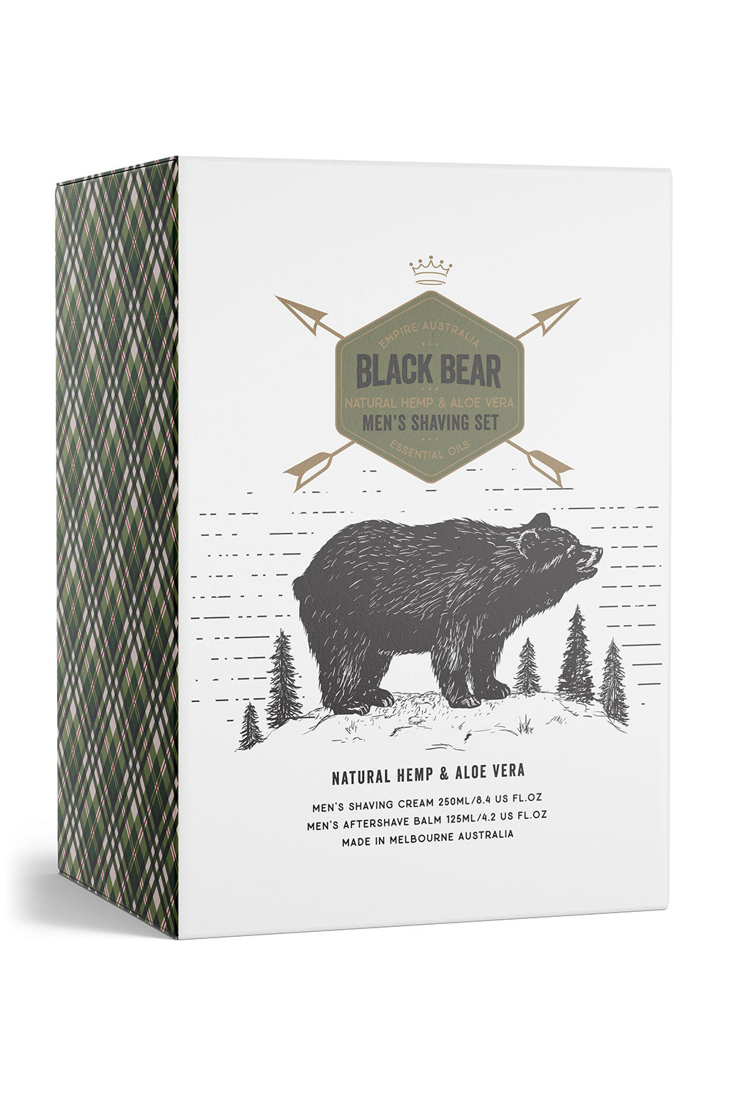 Image of Black Bear Men's Hemp & Aloe VeraShaving Gift Set: beautiful white and green packaging with gold foil accents and the image of a bear amongst trees on the front cover.