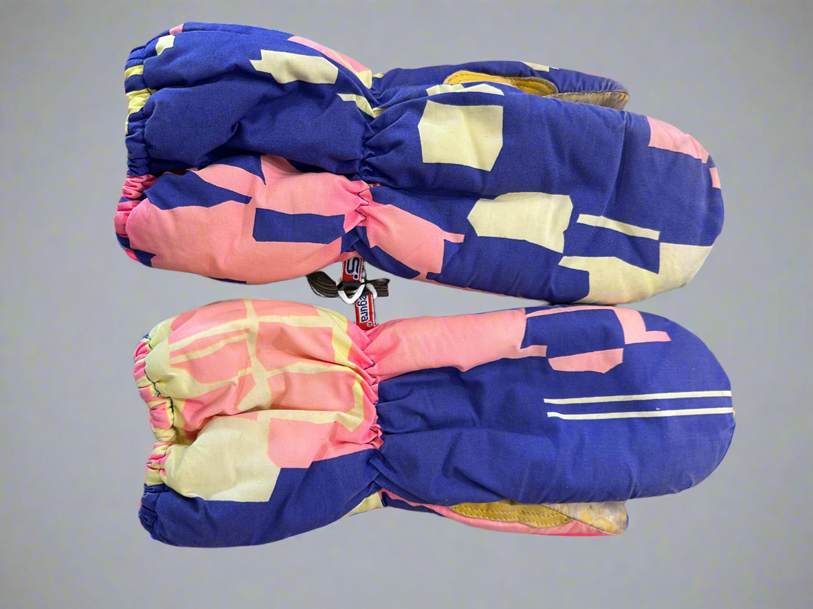 Vintage Rigolo Pink Purple Yellow Fluro Gloves as part of 2-Piece Ski Suit. Front