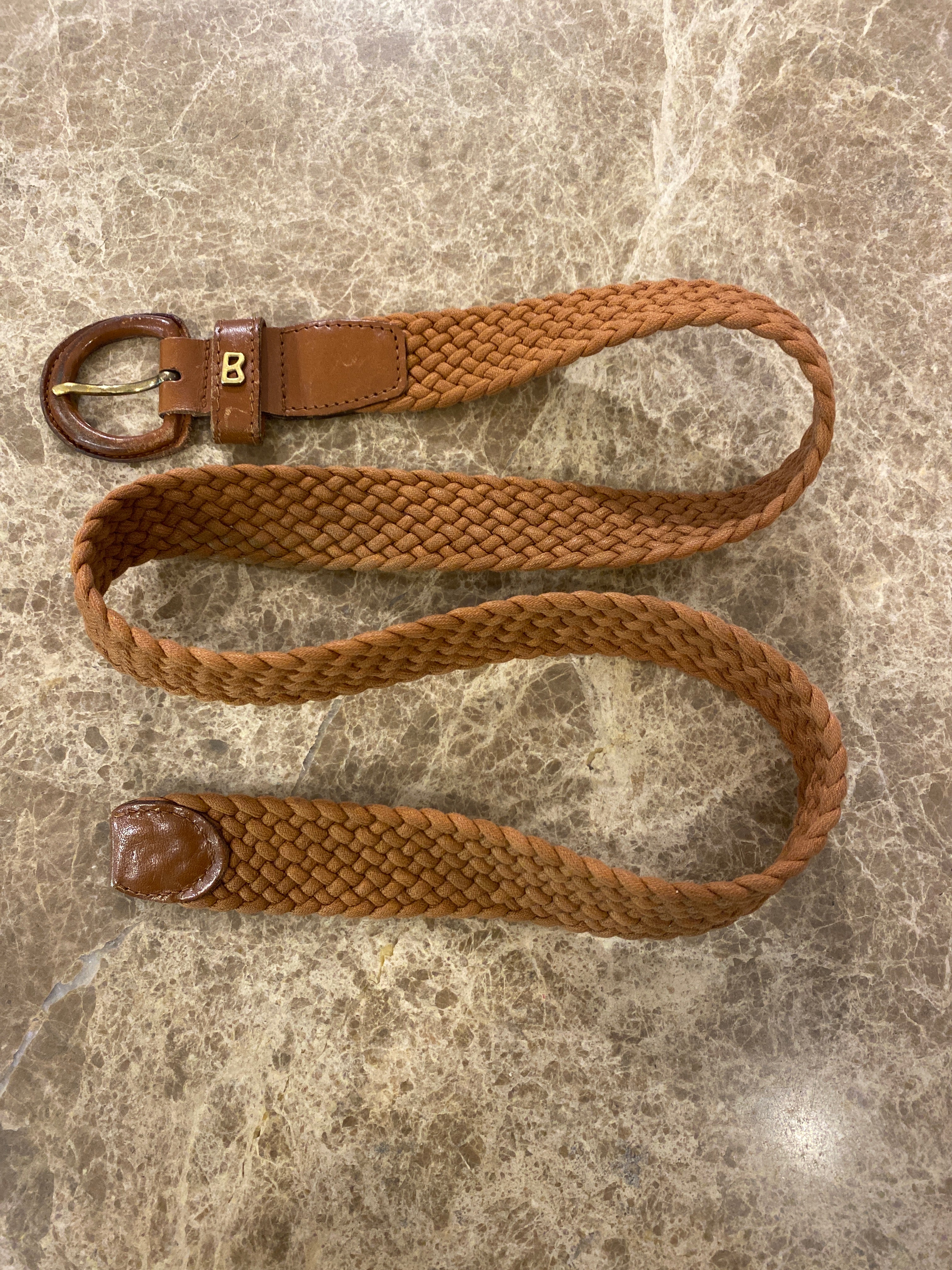 Vintage Bogner tan braided leather belt with a leather and brass buckle and the famous 'B' for Bogner emblem. 3