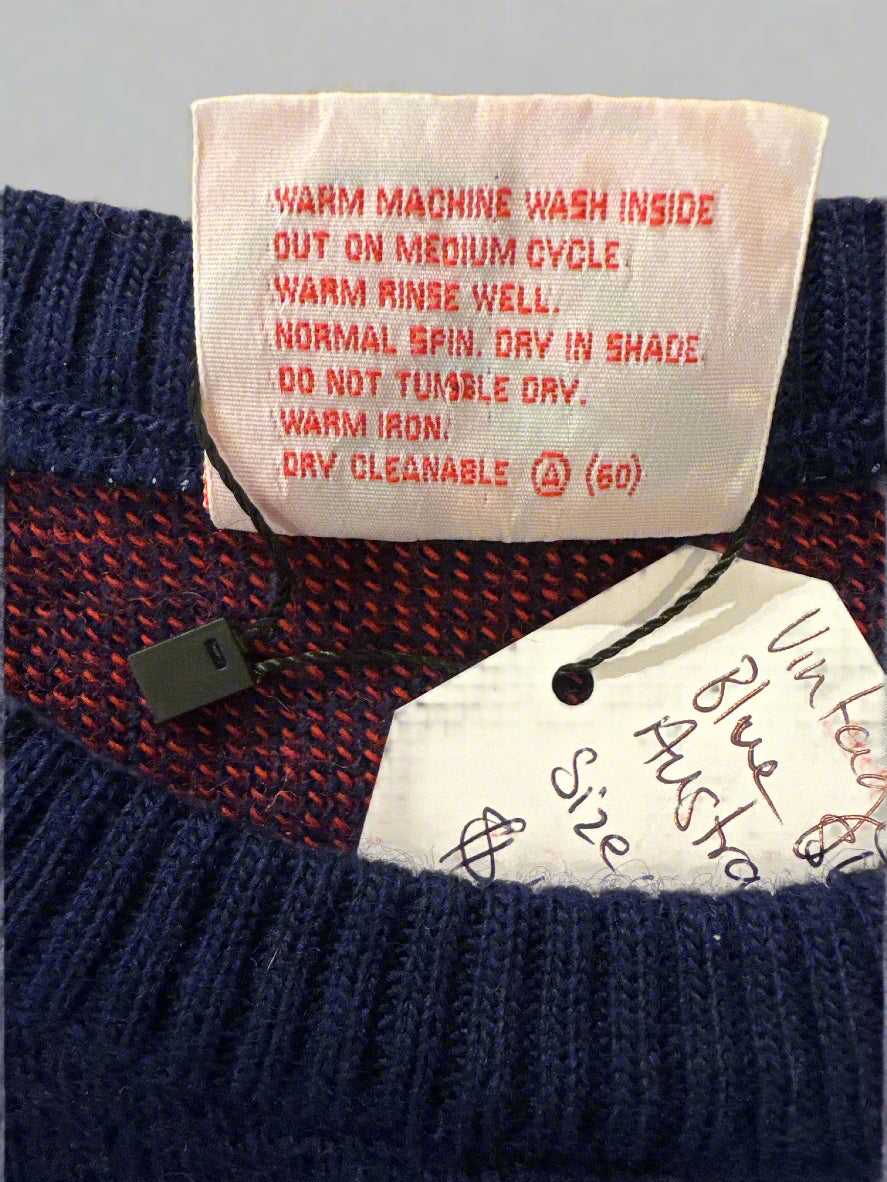 Vintage Navy Blue Red Jac-Tion Skiing Kangaroo Jumper. Care Label