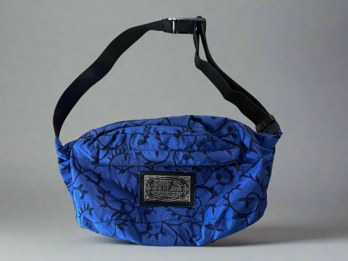 Vintage NILS Black Blue Floral Pattern Bum Bag/Pouch. front 3
