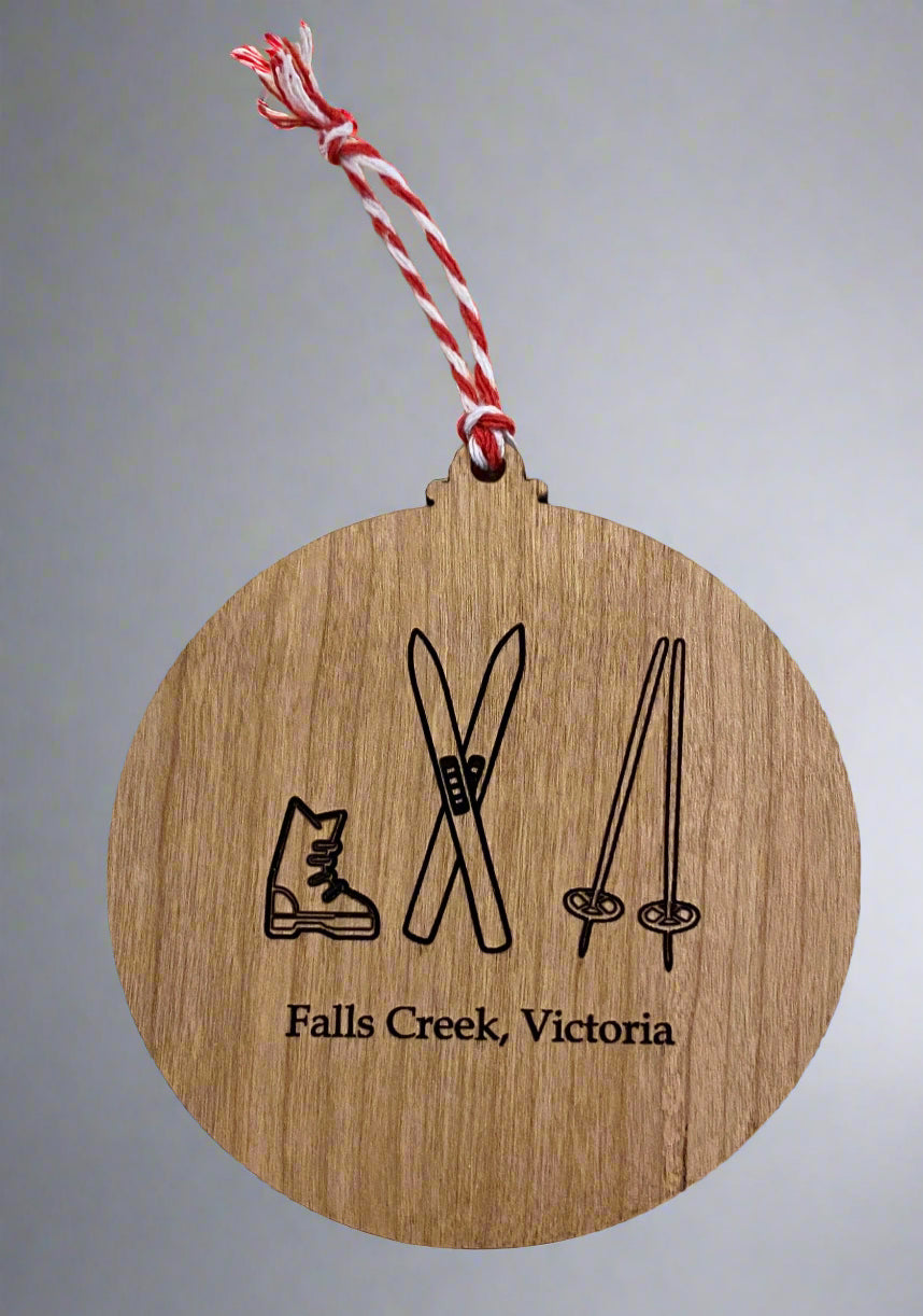 Falls Creek Cherry Wood Skis & Poles Bauble by I Dream Of Snow.