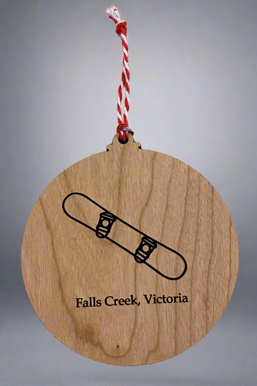 Falls Creek Cherry Wood Snowboard Bauble by I Dream Of Snow.