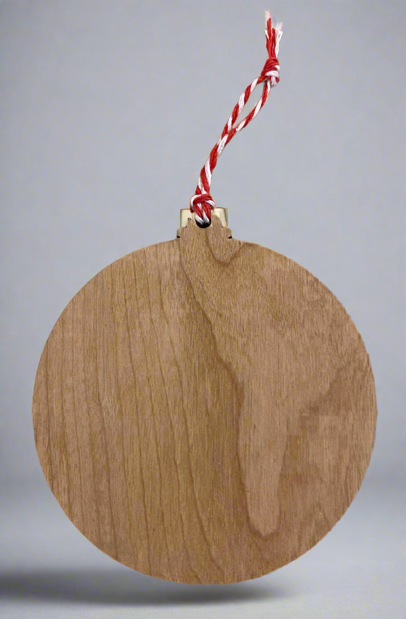 Falls Creek Cherry Wood Deer Bauble by I Dream Of Snow. Rear of Bauble