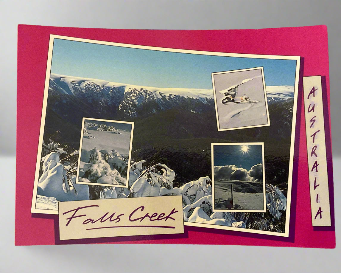  Falls Creek Vic. Panorama Views of falls Creek. Pink Border, Colour Postcard.