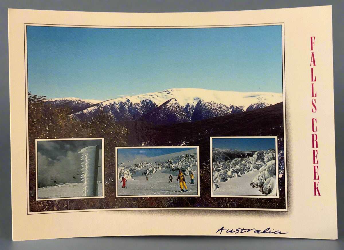 Falls Creek Winter Wonderland Colour Post Card. White Border