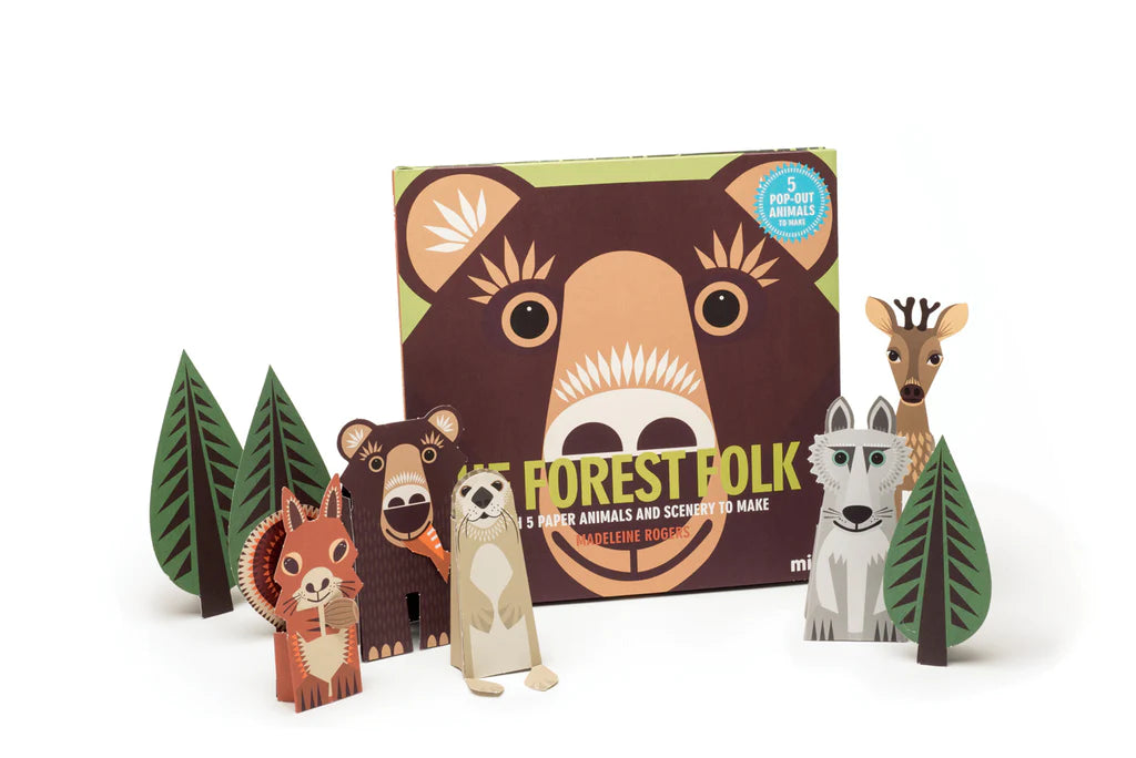 Mibo: The Forrest Folk book and paper figures of a brown bear, squirrel, otter, fox, deer and trees against a white background