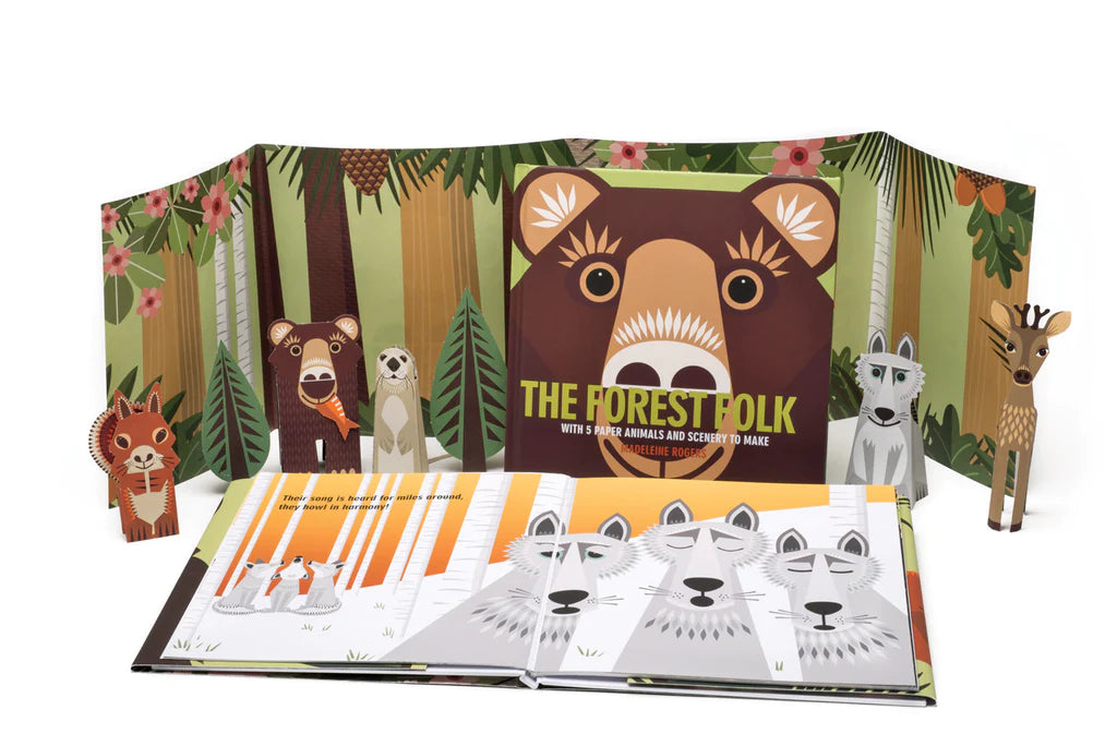 Mibo: The Forrest Folk book, a forrest backdrop sheet and  paper figures of a brown bear, squirrel, otter, fox, deer and trees against a white background