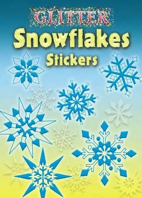 Sticker Book Cover: blue and yellow background with multiple snowflakes illustrated & the words Glitter Snowflakes Stickers