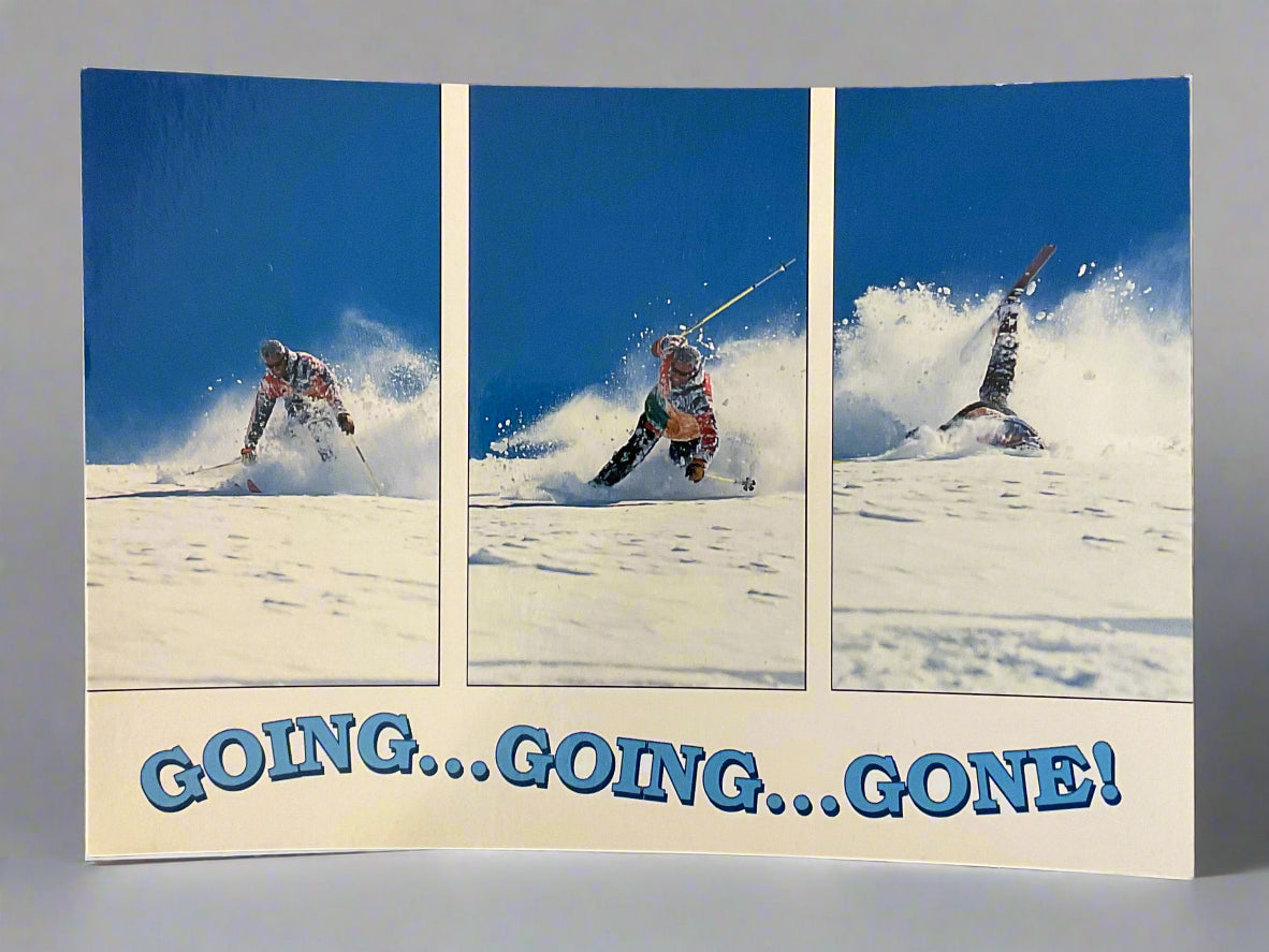  Going, Going, Gone. Skier Crashing Colour Postcard.