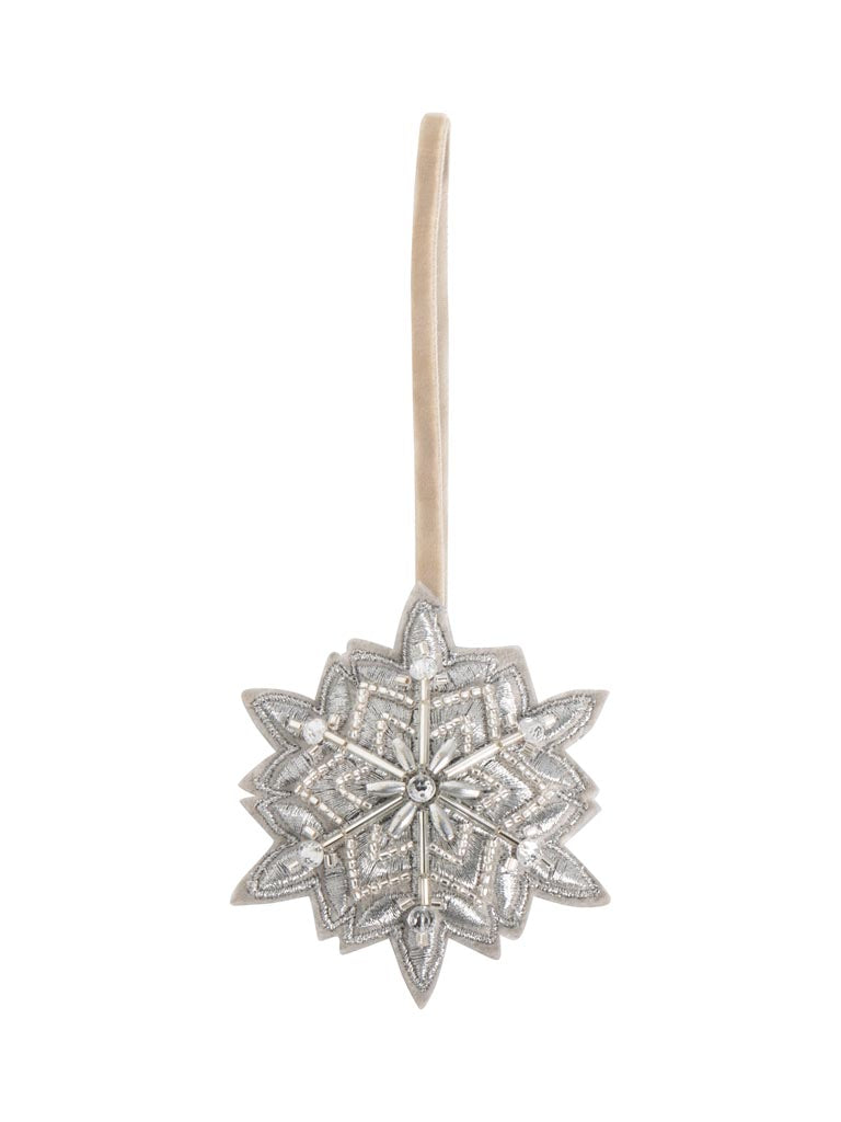 Hanging silver beaded snowflake 8cm white background