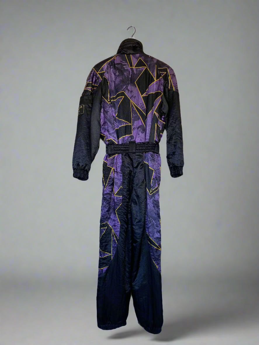 Vintage Head Star Of The Hill one-piece snow suit in black with purple stars outlined in gold. Rear