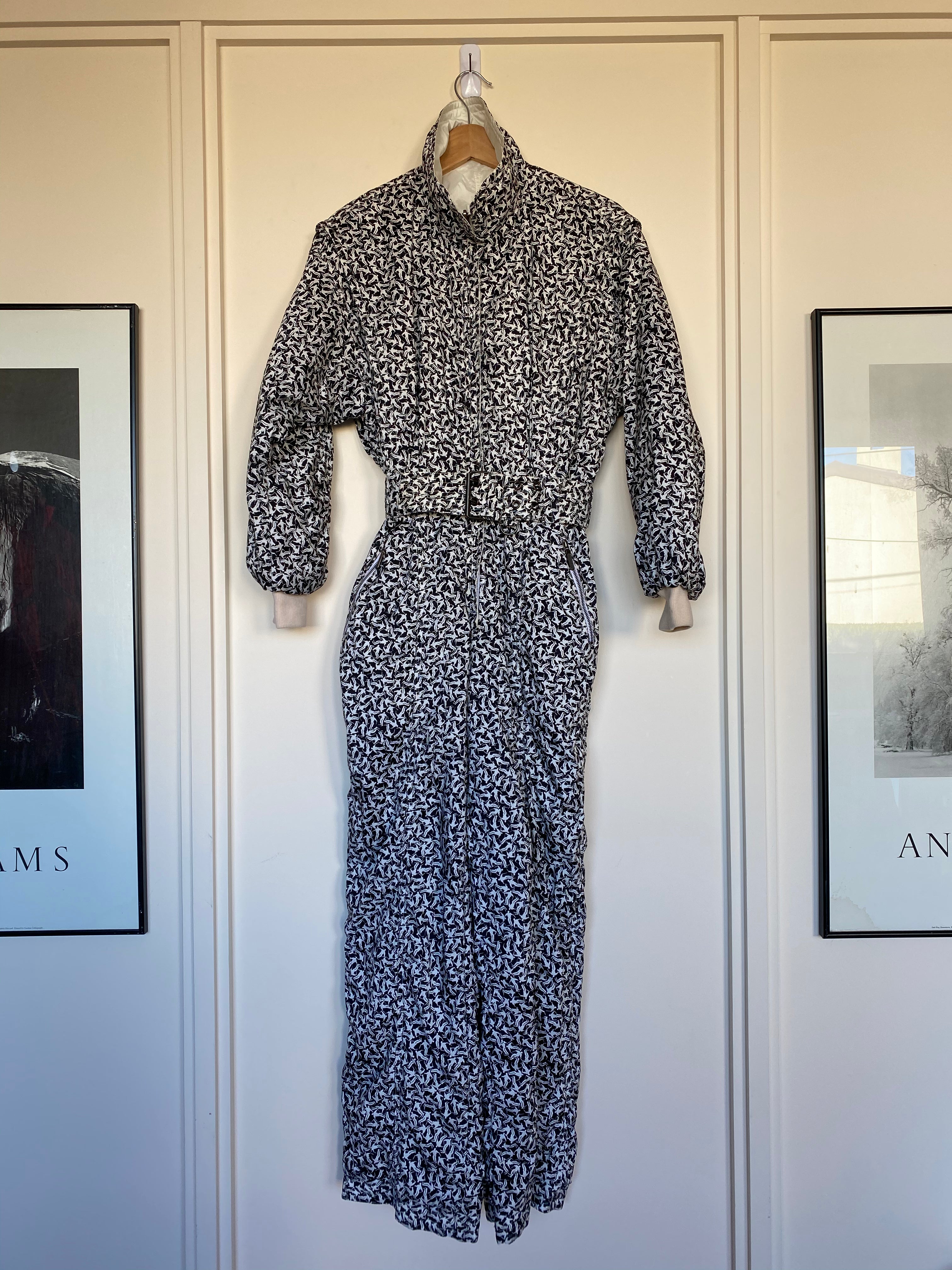 Vintage Kaelin Black & White 1-Piece Ski Suit. Black & White Skier Pattern, front.