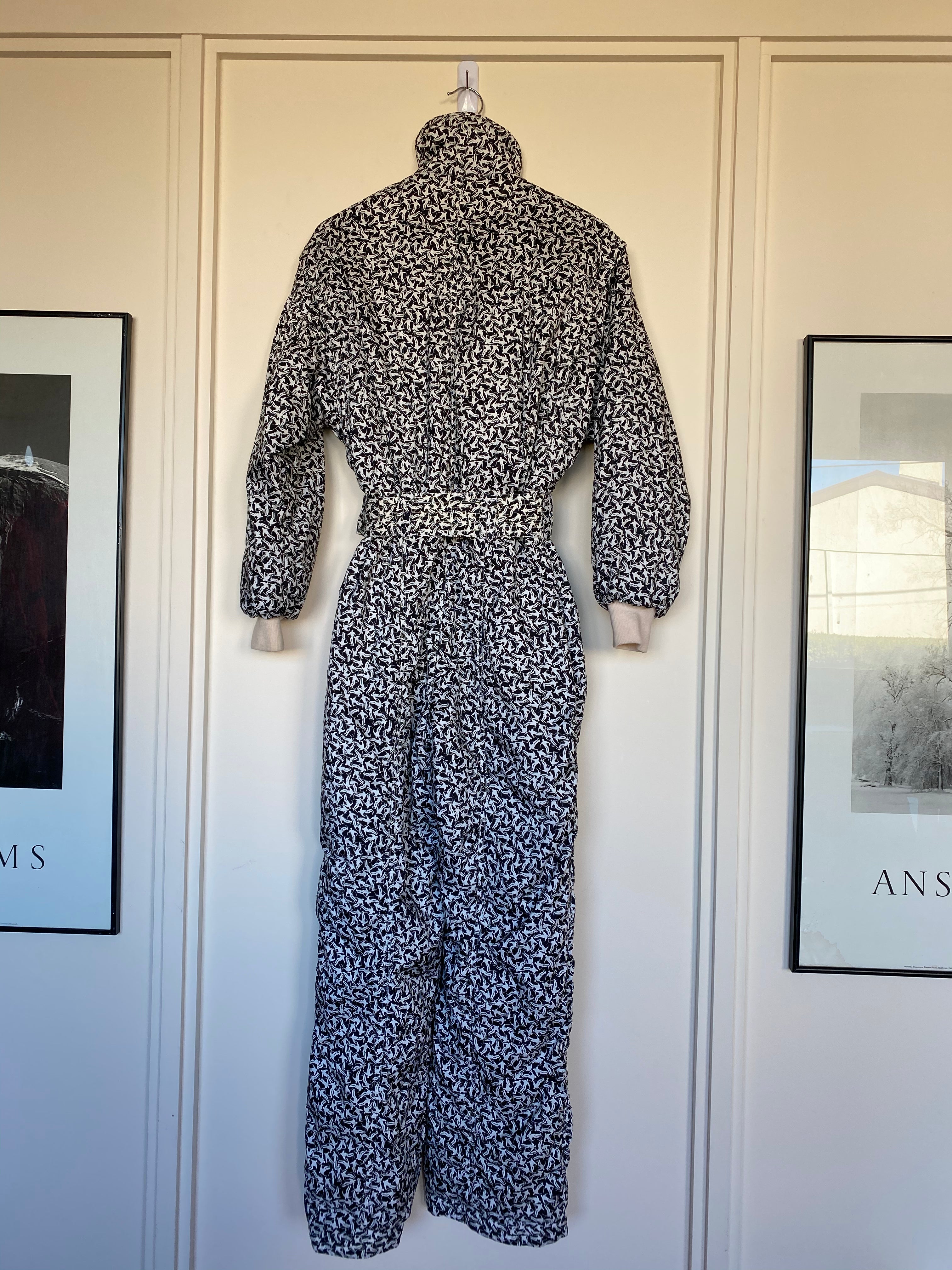 Vintage Kaelin Black & White 1-Piece Ski Suit. Black & White Skier Pattern, back