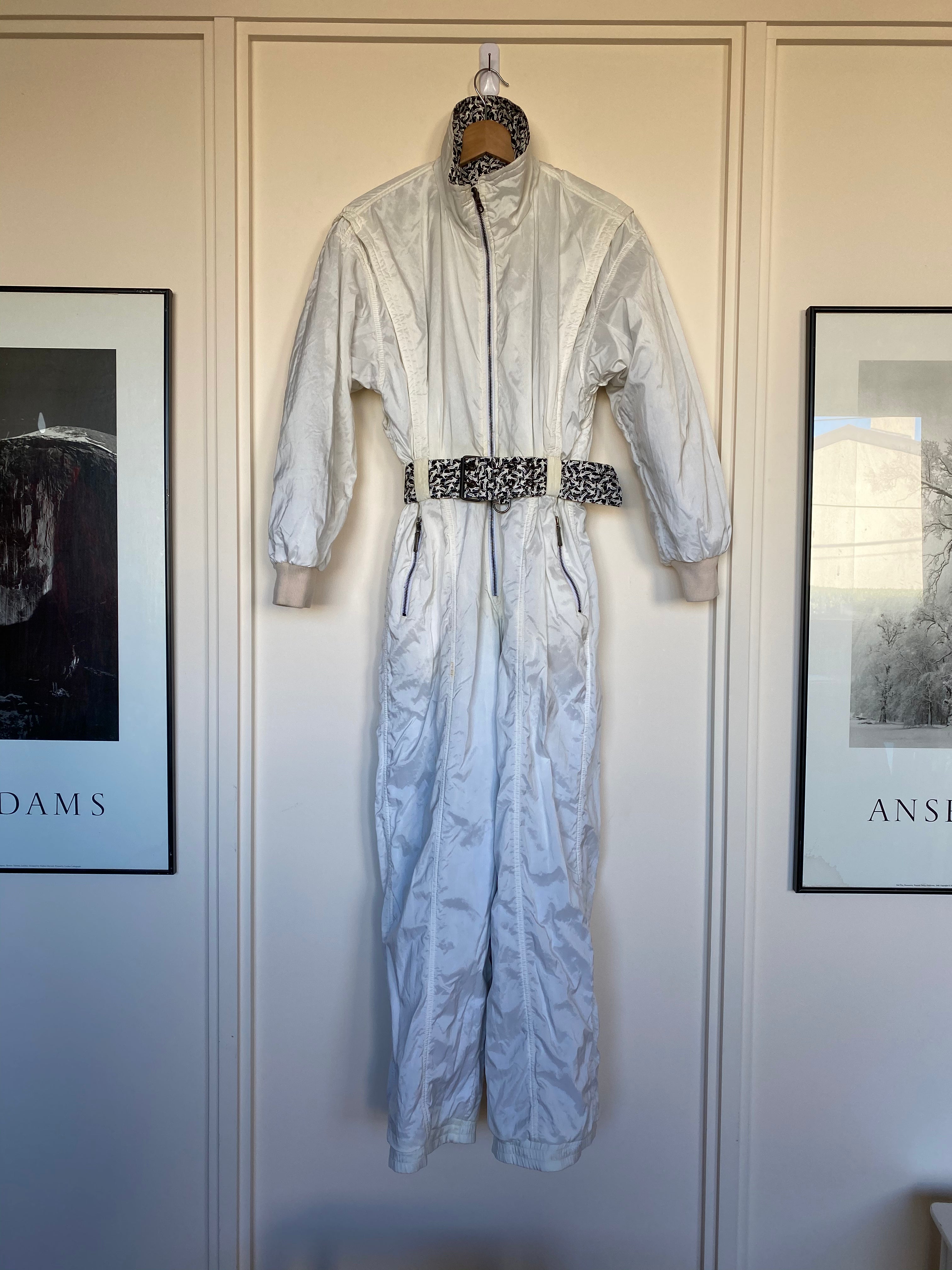 Vintage Kaelin Black & White 1-Piece Ski Suit. Suit reversed to show white option, front.