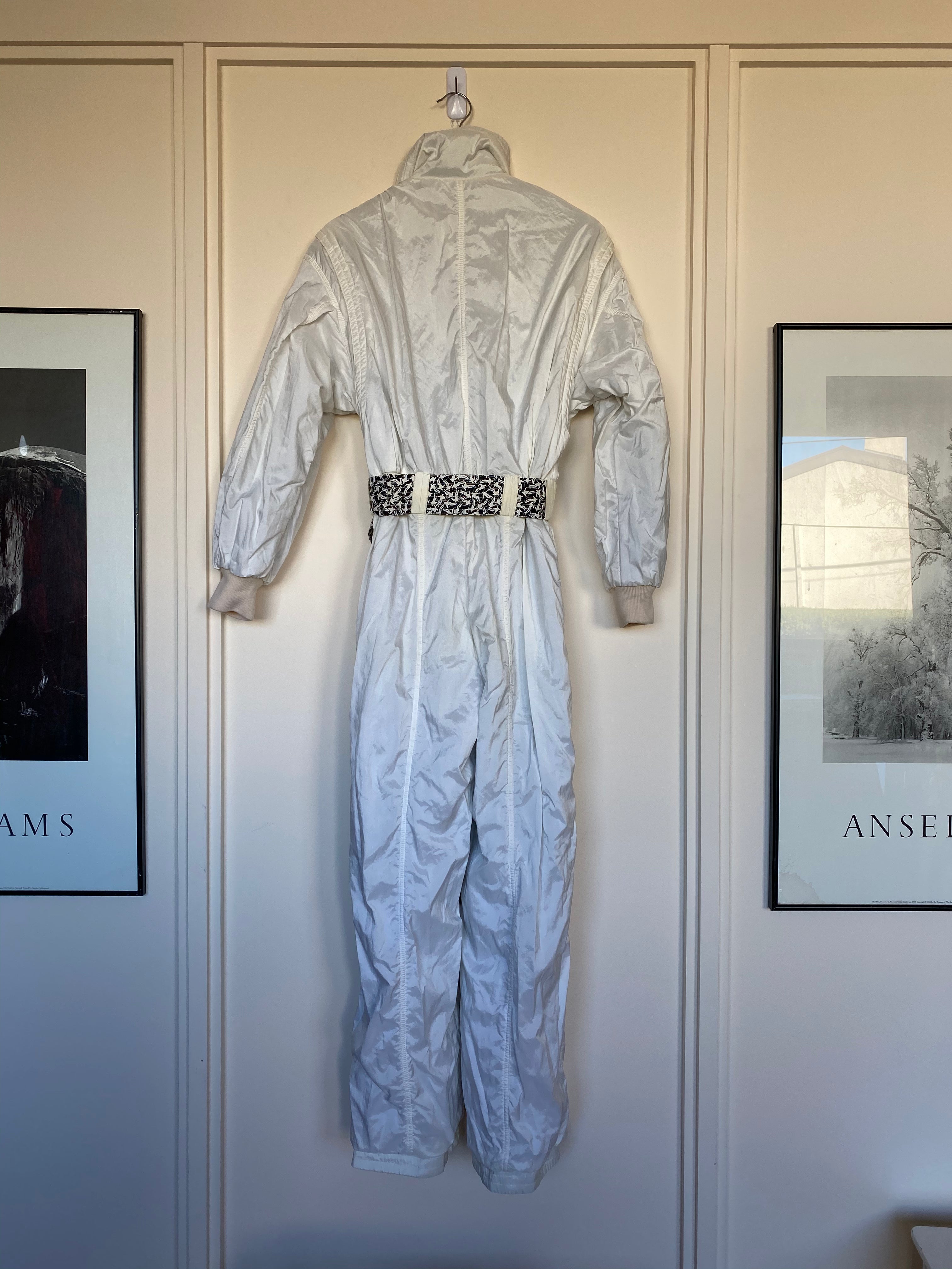 Vintage Kaelin Black & White 1-Piece Ski Suit. Suit reversed to show white option, back.