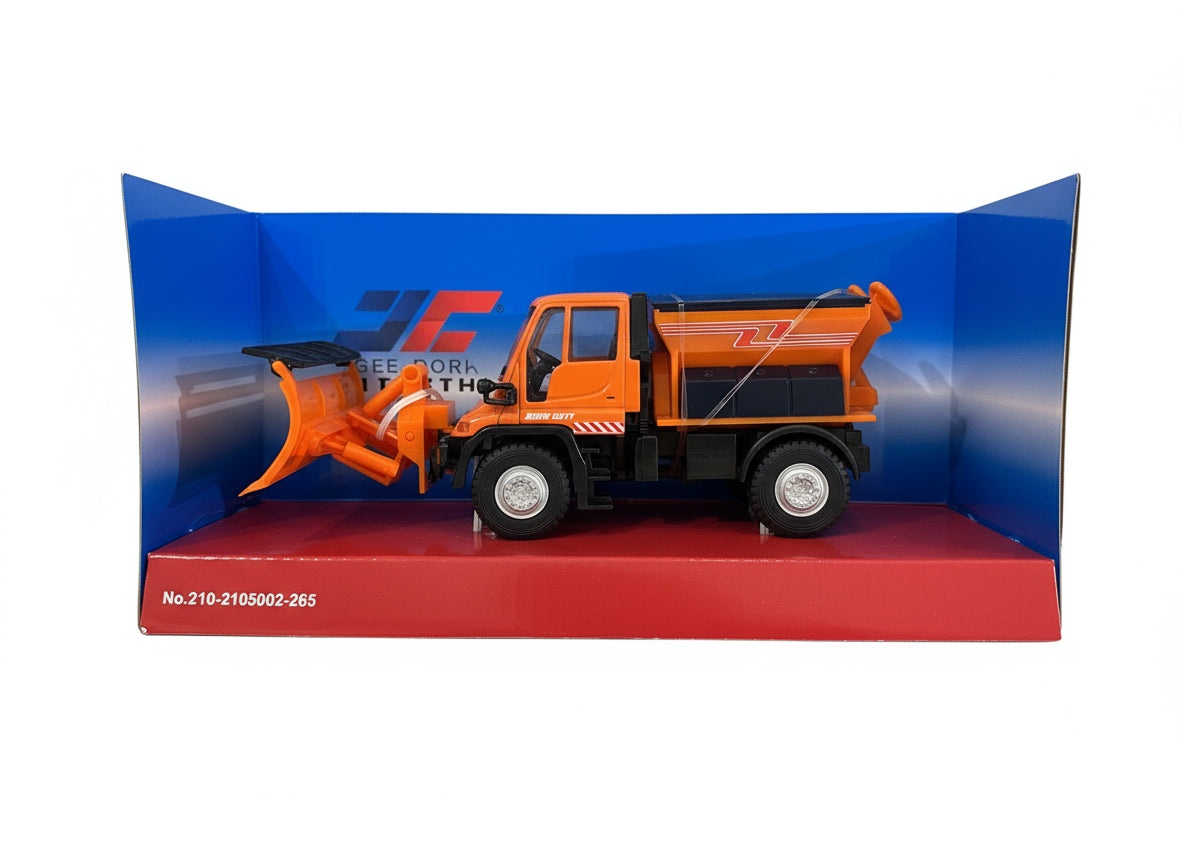 This image shows the Jaegerndorfer Snow Clearing Truck with straight plow attachment from the side, in part of it's blue and red box on a white background. 