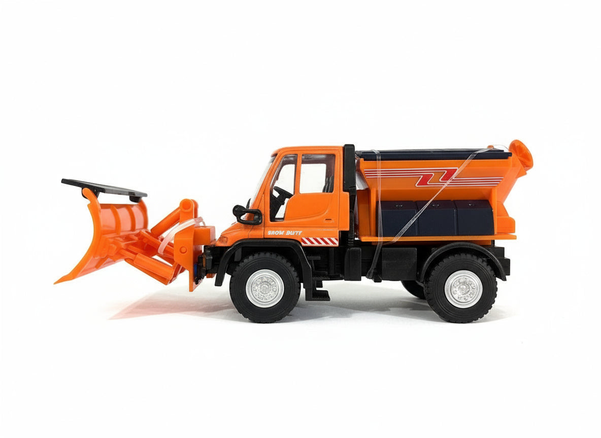 This image shows the Jaegerndorfer Snow Clearing Truck with straight plow attachment from the side, on a white background. 