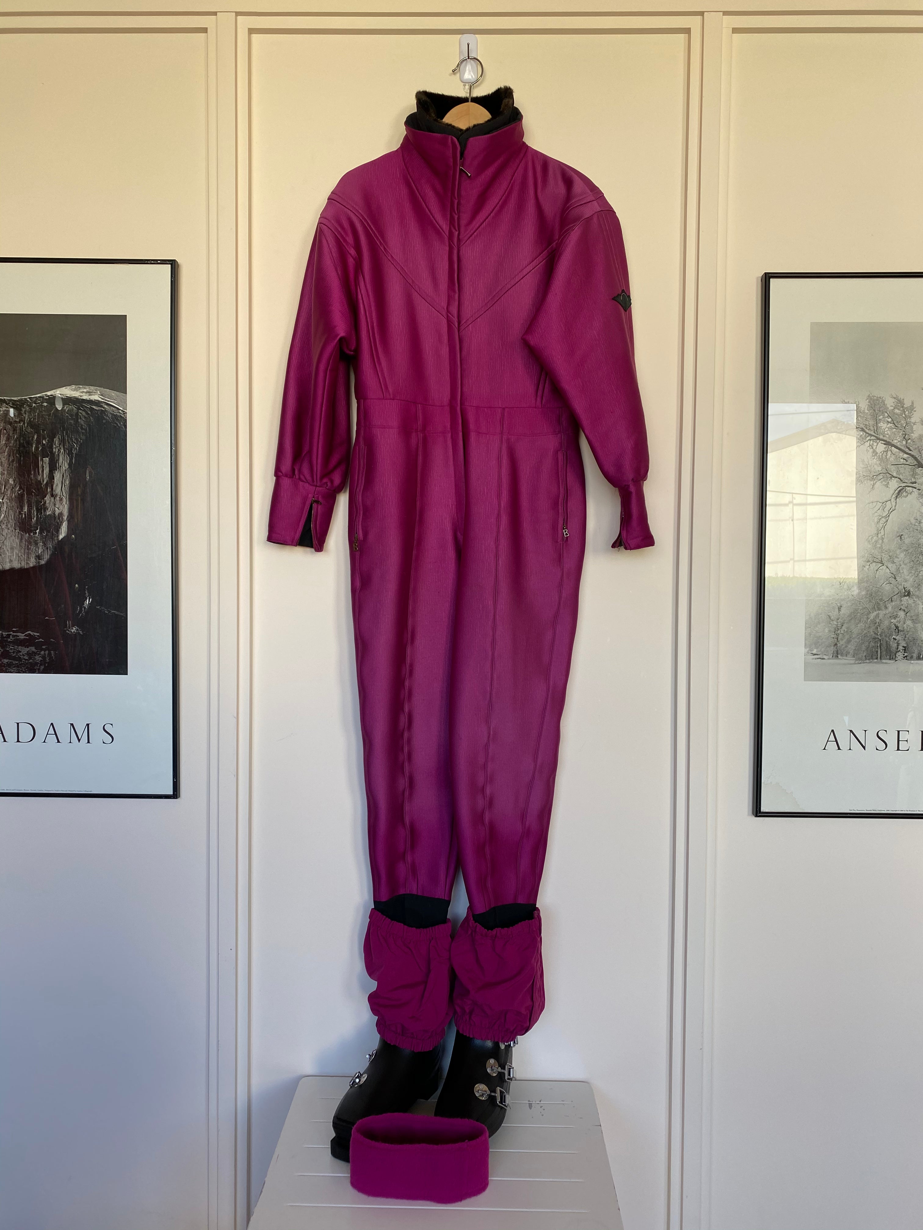 Vintage Bogner Iridescent Fuchsia Tailored One Piece Ski Suit, front view, with matching gaiters and headband
