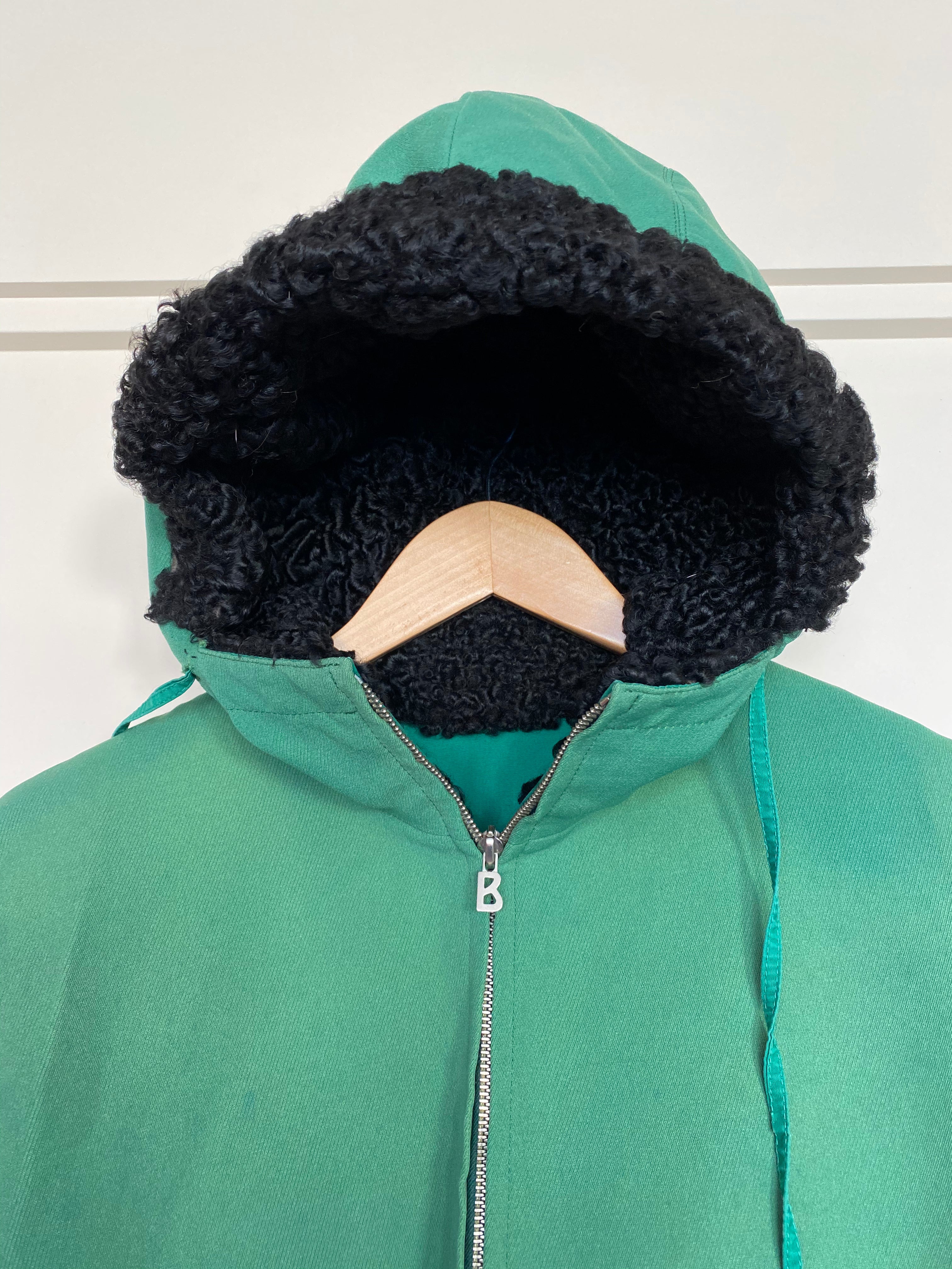 Vintage Bogner Green 3-piece ski suit, close up hood & front chest area