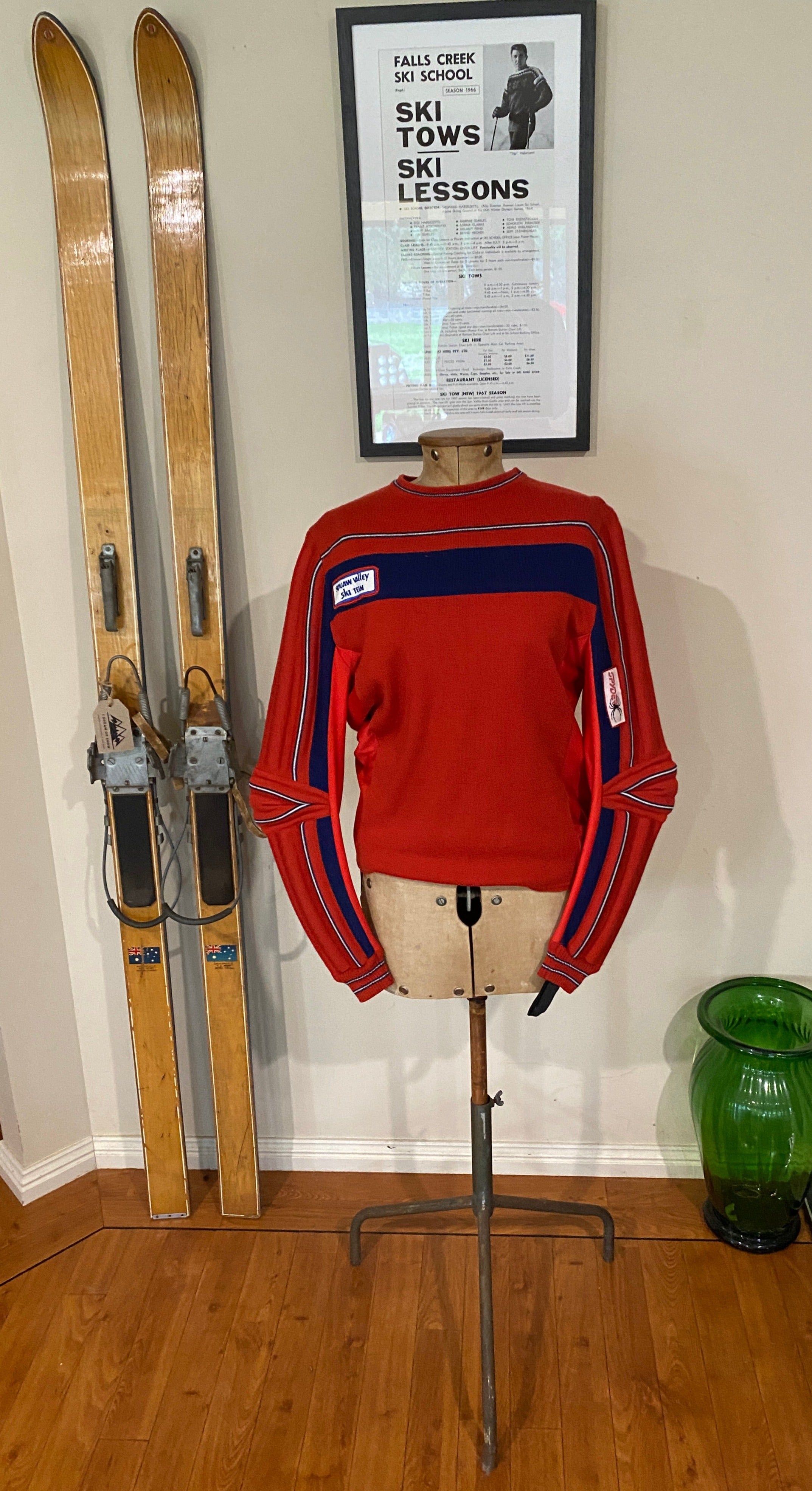 Vintage Spyder Red Padded Ski Racing Jumper with Blue Stripes. Front View