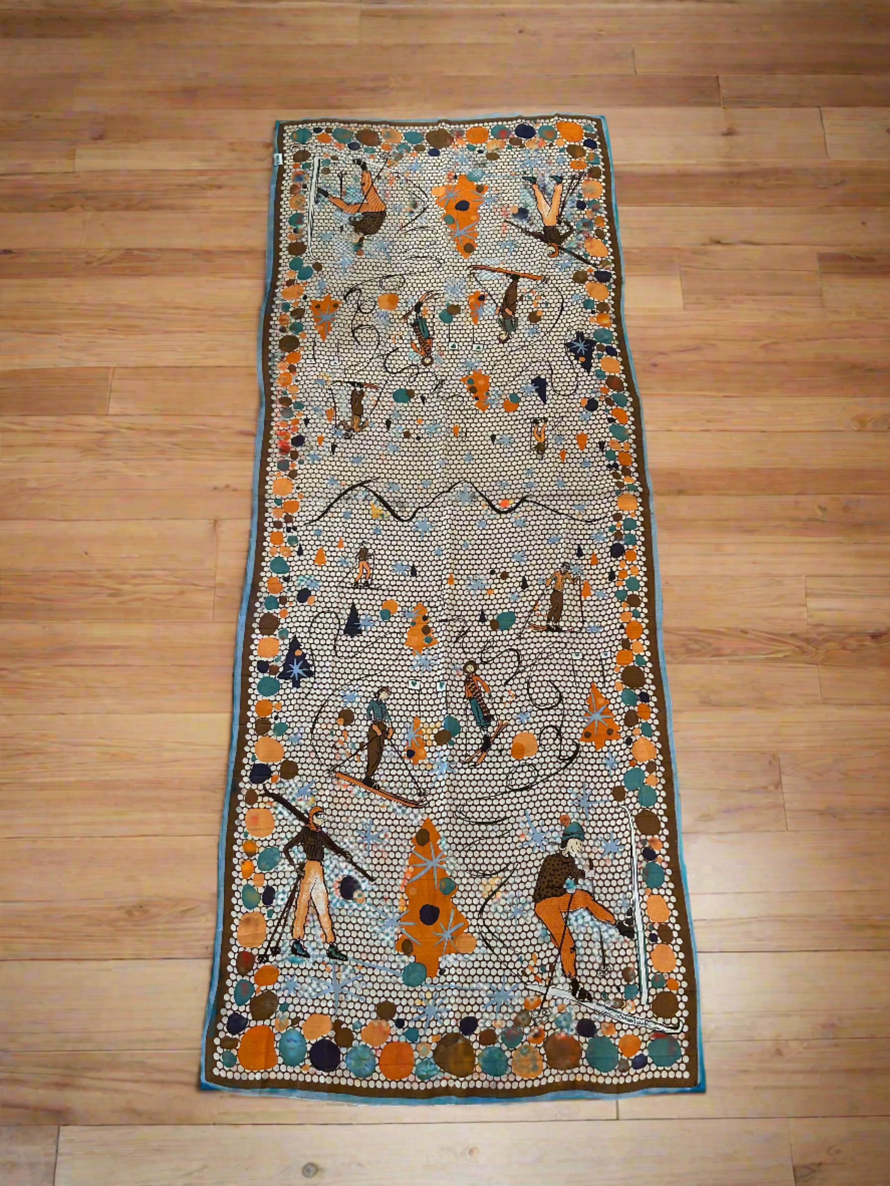 MOSCHINO brown, orange, teal blue silk scarf, patterned with people skiing and white polka dots