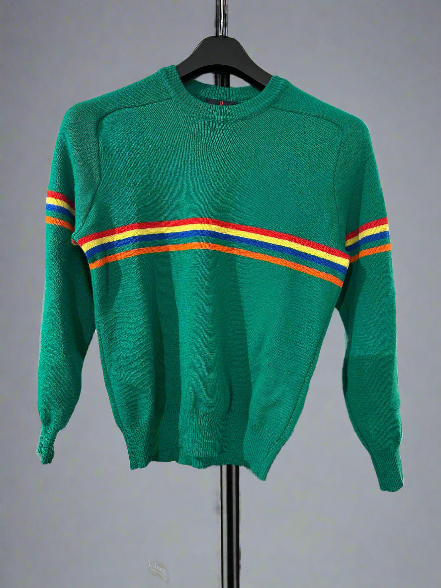 Vintage Demetre Green Jumper With Multi Coloured Stripes. Front
