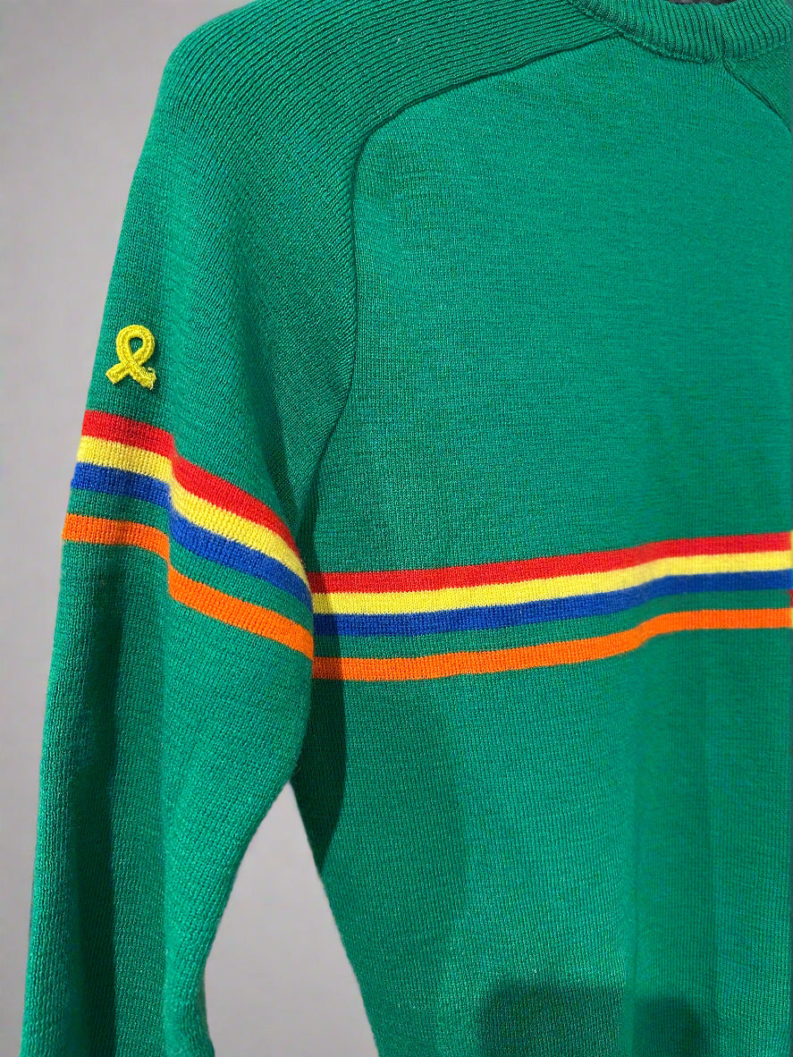 Vintage Demetre Green Jumper With Multi Coloured Stripes. Brand label on arm.