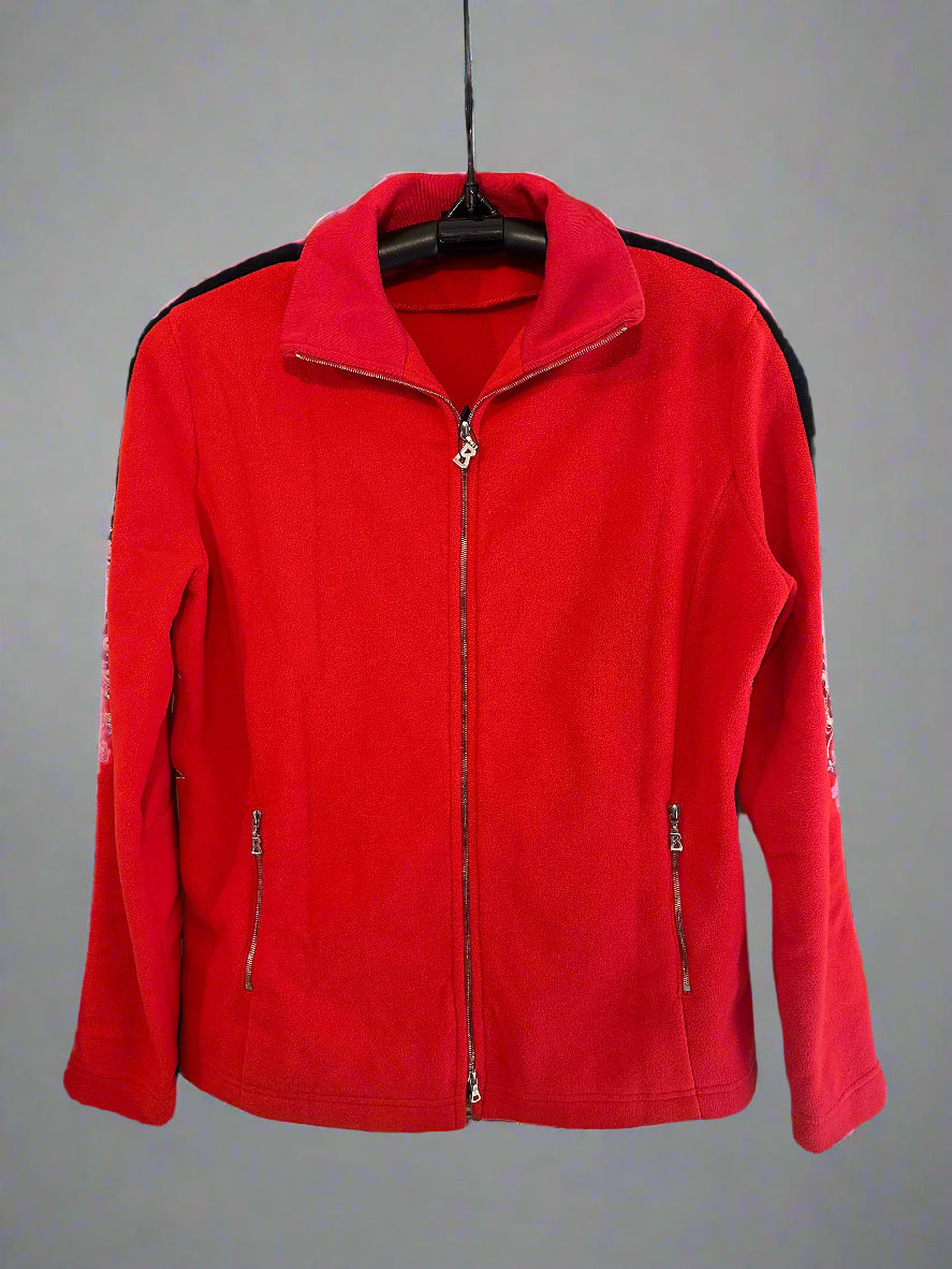Vintage Bogner Red Fleece with Butterfly Floral Embroidered Arms. Front