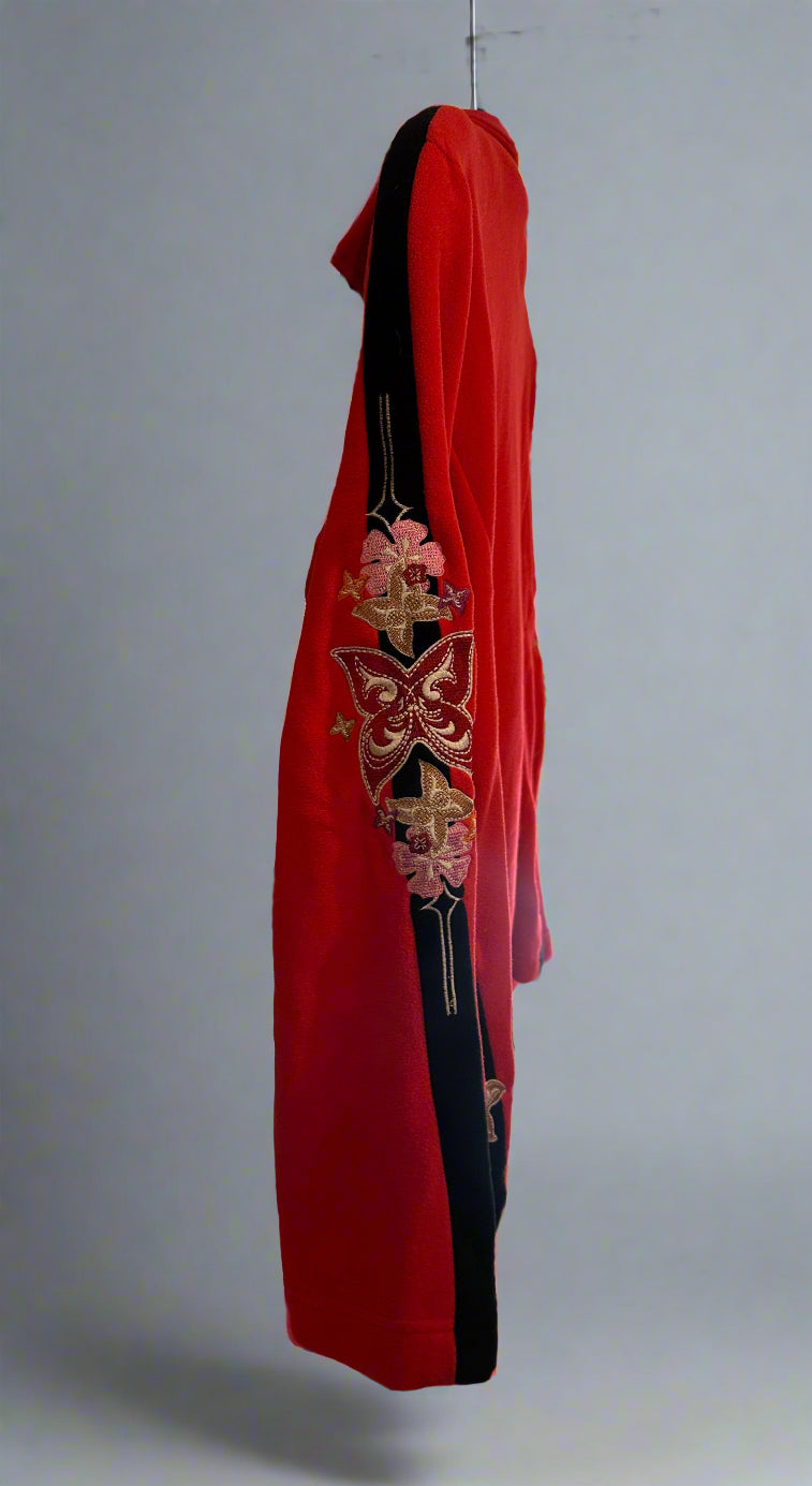 Vintage Bogner Red Fleece with Butterfly Floral Embroidered Arms. Side View