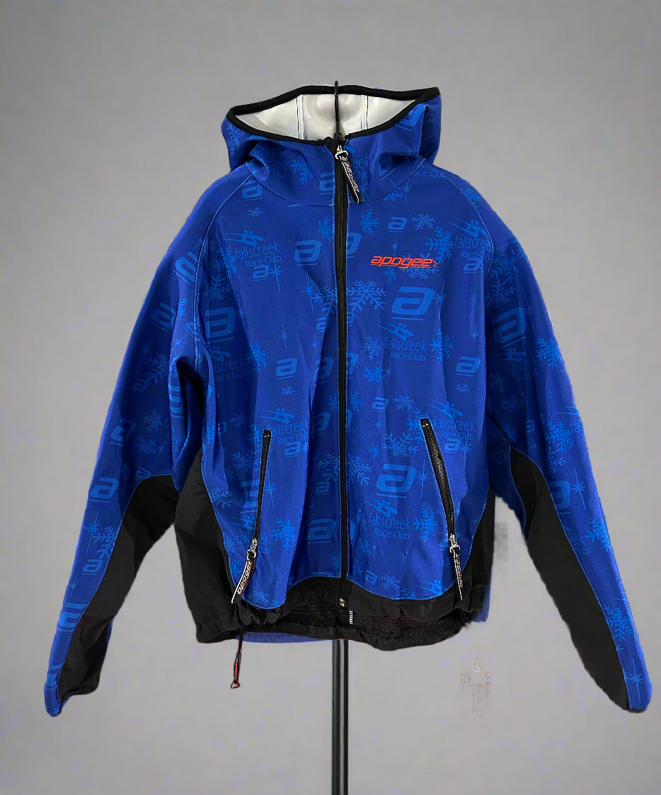 Early 2000's Fall Creek Race Club Padded Race Shell. Print on fabric featuring the words 'falls creek race club' and the 'swish' logo in navy and light blue. Front view .