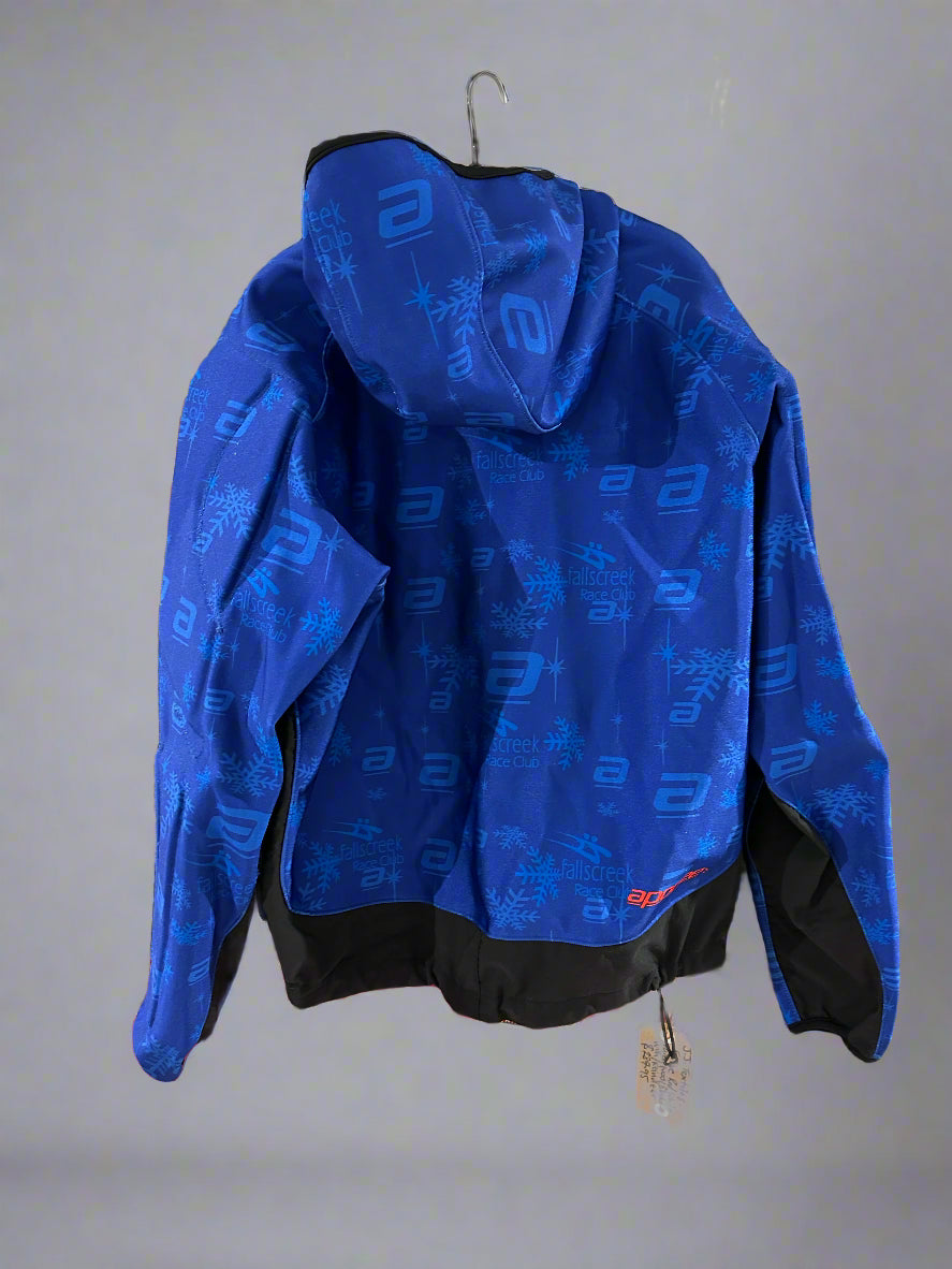Early 2000's Fall Creek Race Club Padded Race Shell. Print on fabric featuring the words 'falls creek race club' and the 'swish' logo in navy and light blue. Back view.