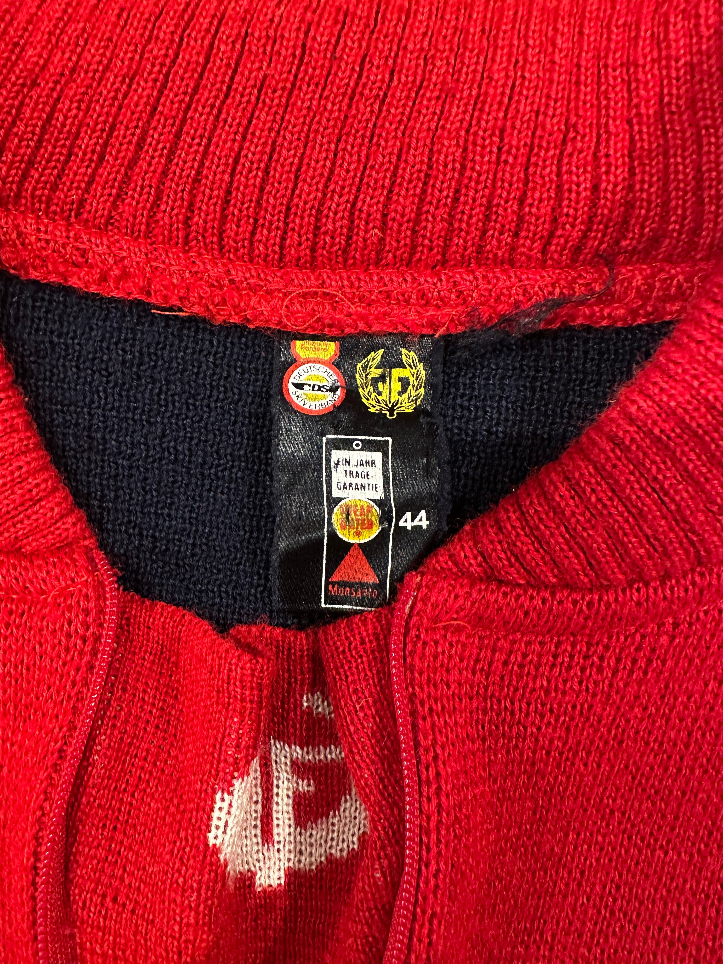 Vintage Flad  Navy Red White Padded Ski Race Jumper. Label