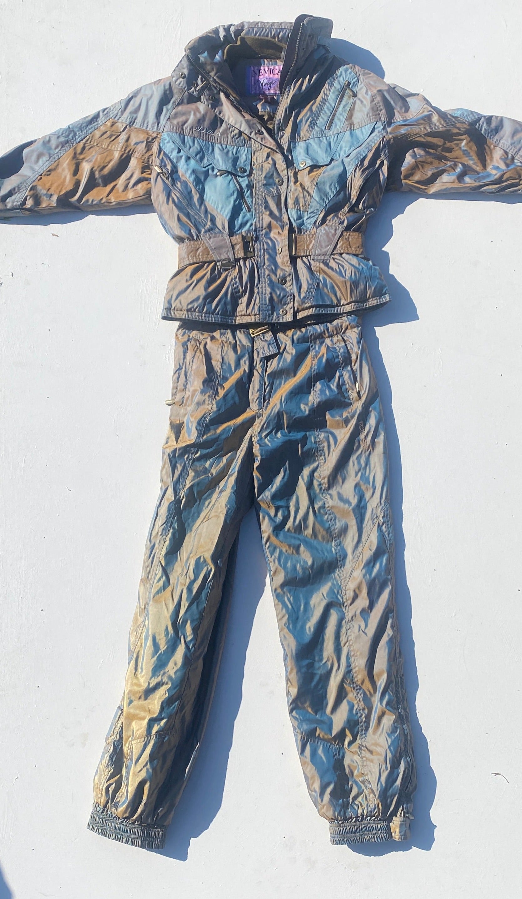 Vintage Nevica Iridescent Blue Beige Two-Piece Snow Suit. Front flat lay