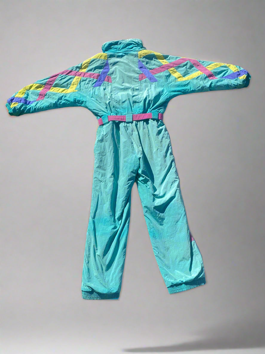 Vintage Mossant Teal Green 1-Piece Ski Suit With Belt. Back, arms out
