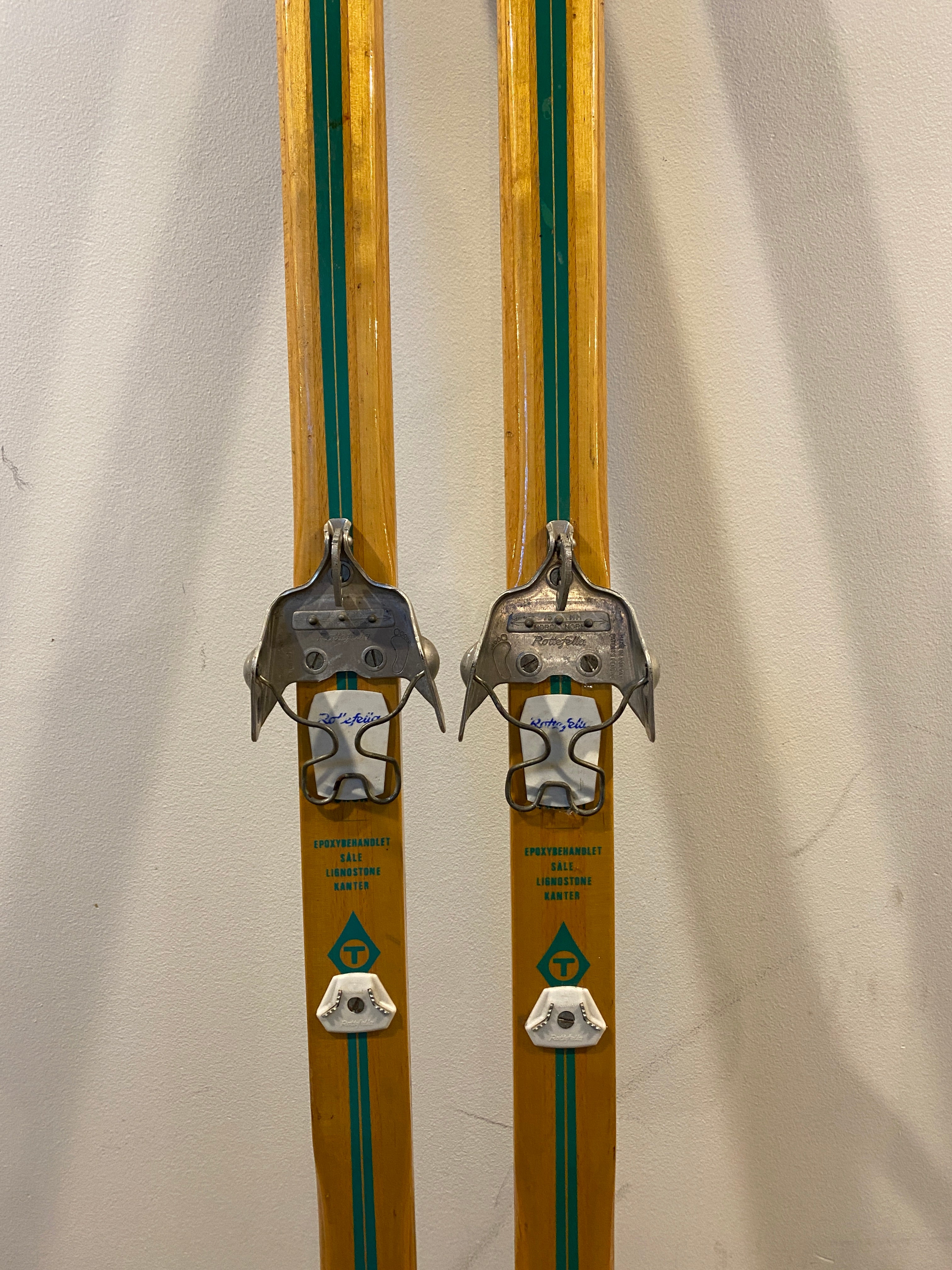 Vintage Troll 196cm skis, mounted with a pair of vintage 3-pin Rottefella bindings, ski bindings
