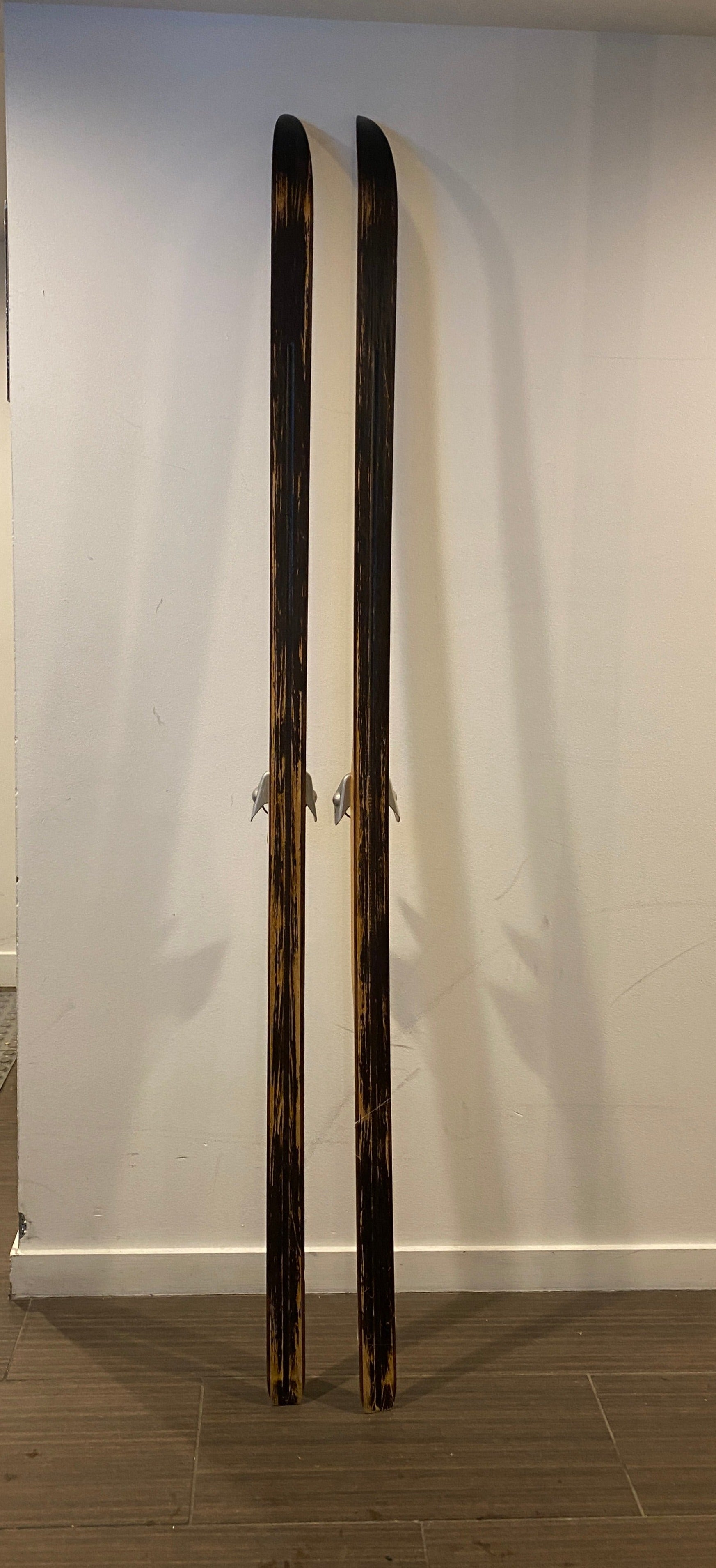 Vintage Troll 196cm skis, mounted with a pair of vintage 3-pin Rottefella bindings, ski bases