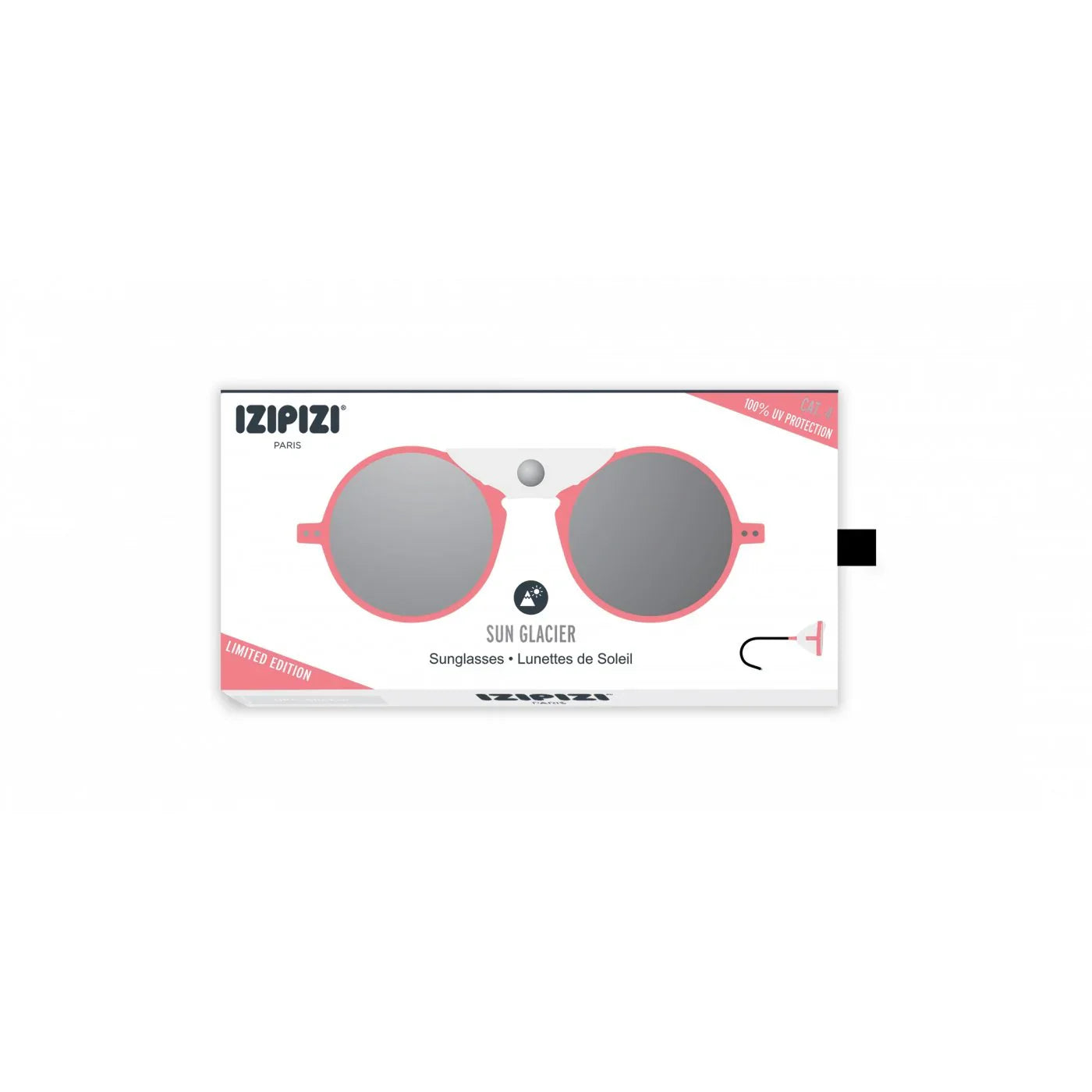 Image of hot pink framed folded sunglasses, with with black arms & a leatherette flap across the bridge of the glasses & attached with a silver press stud in their box. Set against a white background.