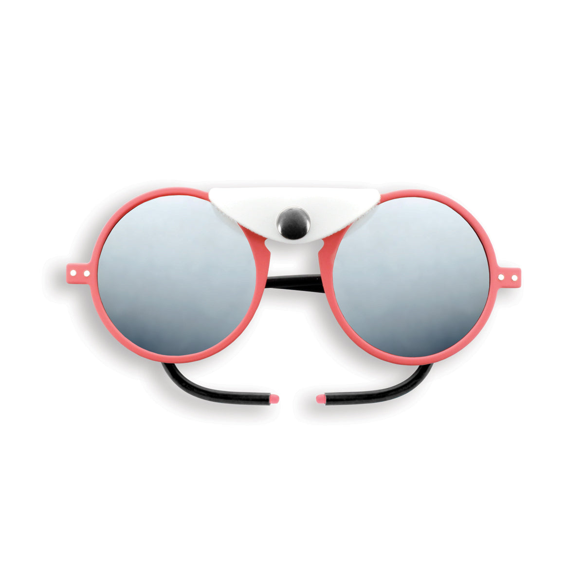Image of hot pink framed folded sunglasses, with black arms & a leatherette flap across the nose bridge of the glasses & attached with a silver press stud. Set against a white background.