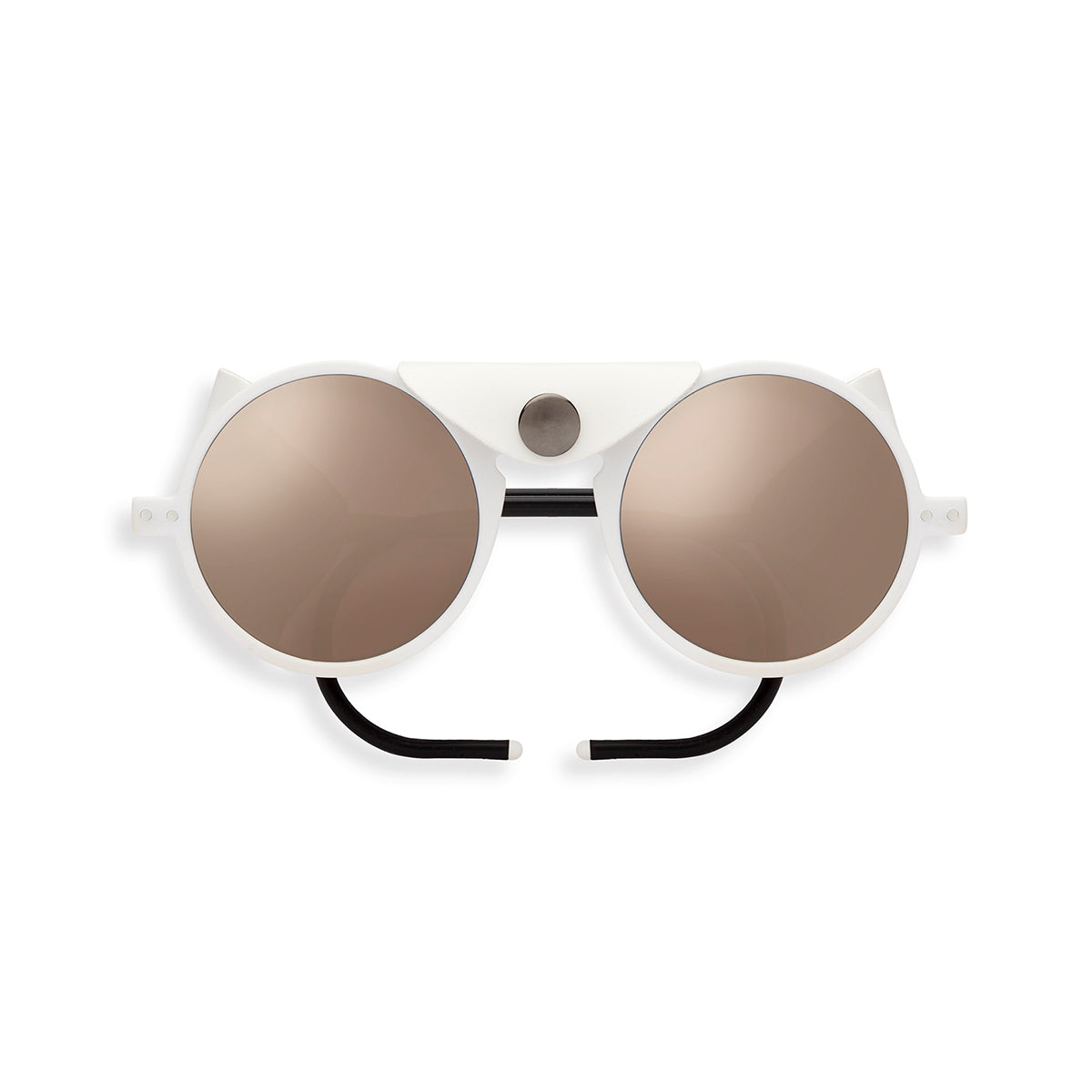 Image of white framed folded sunglasses, with with black arms & a leatherette flap across the bridge of the glasses & attached with a silver press stud. Set against a white background.