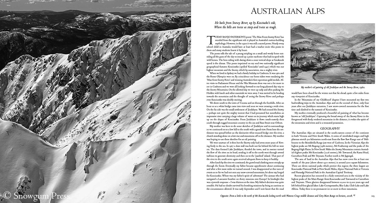 Black & White image of the Australian Alps, and facing white page printed with black text