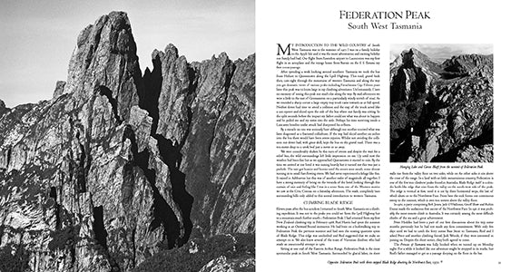 Black & White image of Federation Peak in Tasmania , and facing white page printed with black text