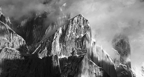 Black & White Photo of the Great Trango Tower above Baltoro Glacier, Karakoram