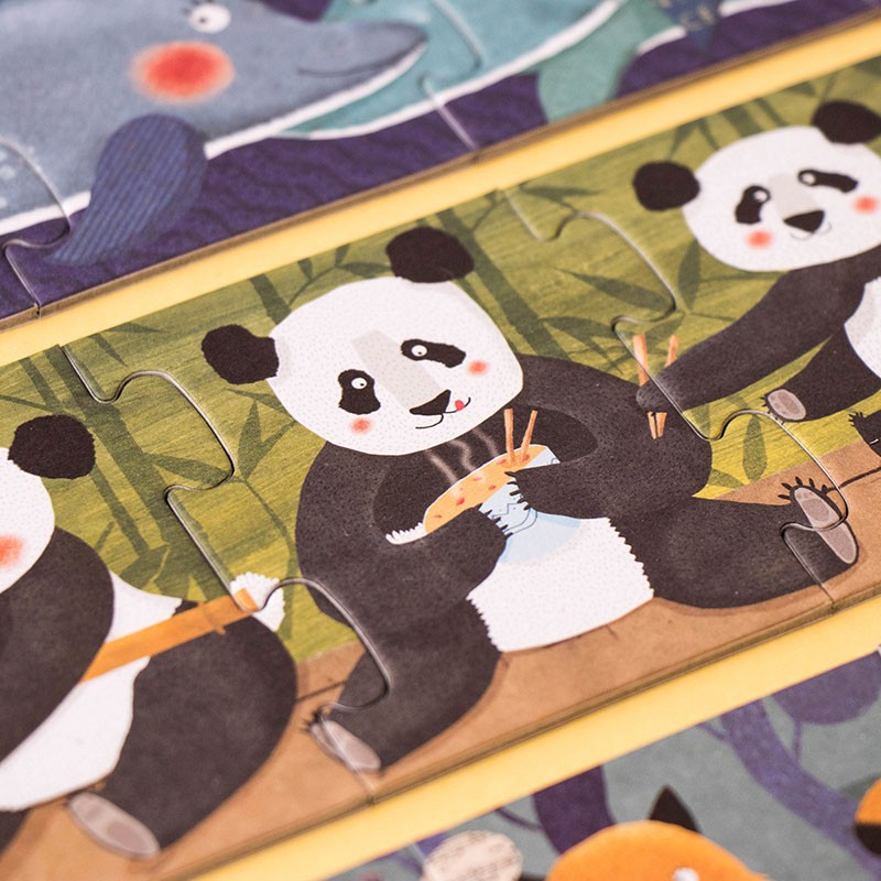 Box of 10 progressive puzzles to learn in a fun way how to count. Panda puzzle highlighted against yellow background