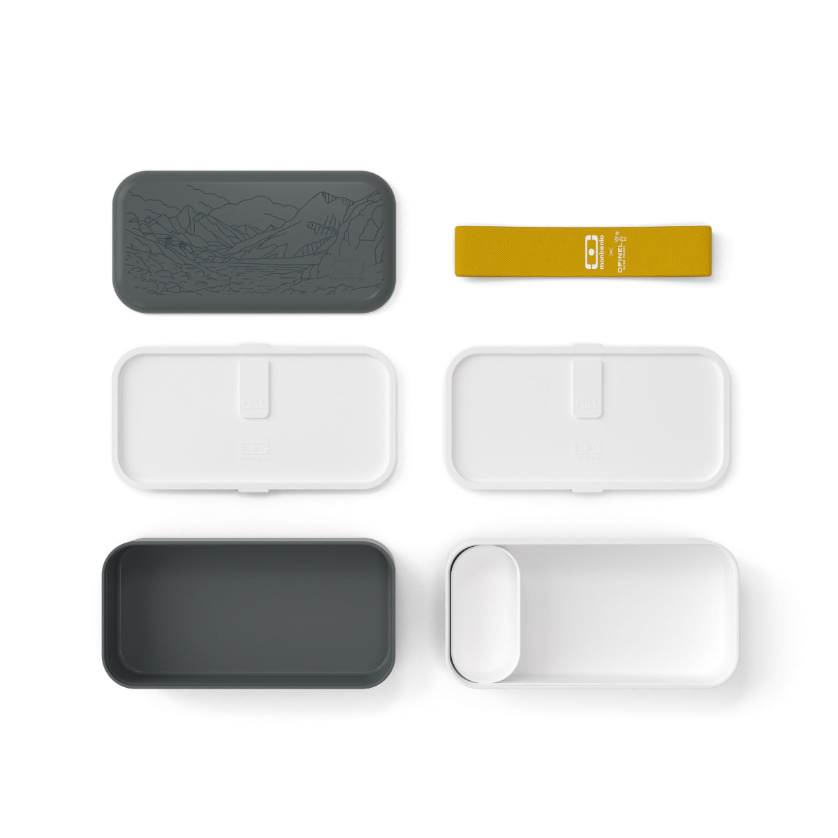 Grey, white & yellow outdoor lunch box components against a white background